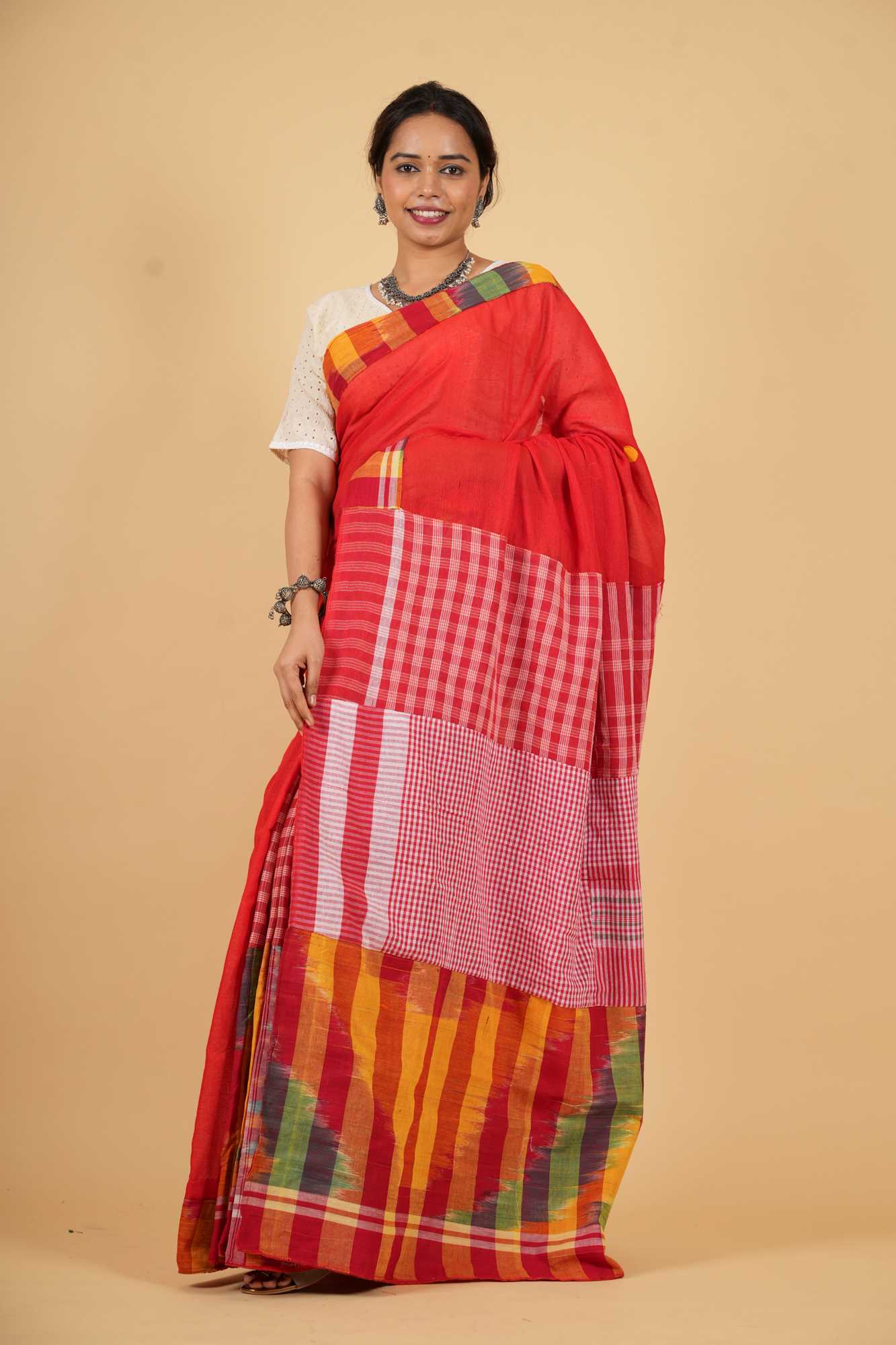 Cotton Red Gamcha Pattern Mix & Match Ready To Wear Saree