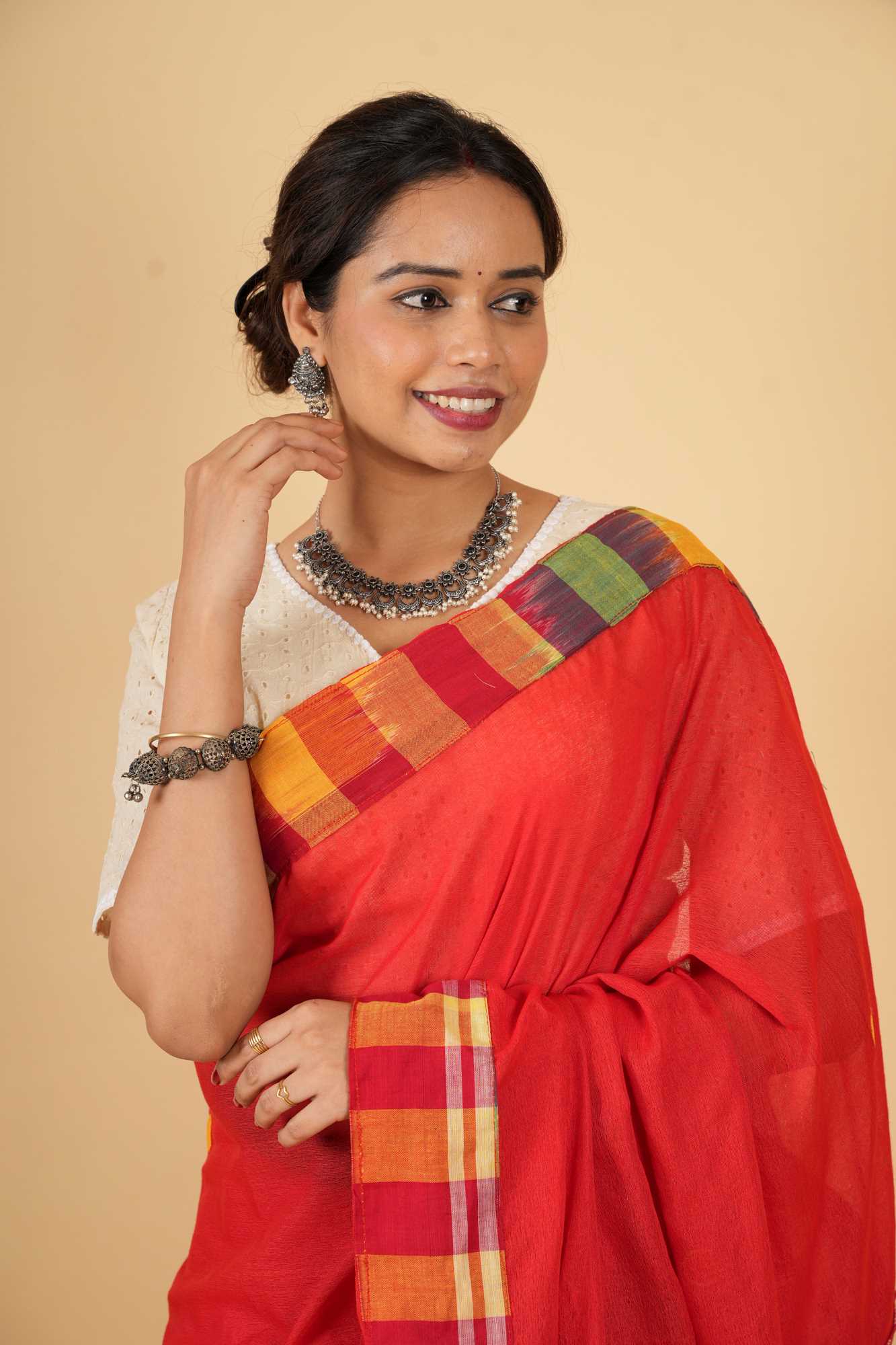 Cotton Red Gamcha Pattern Mix & Match Ready To Wear Saree