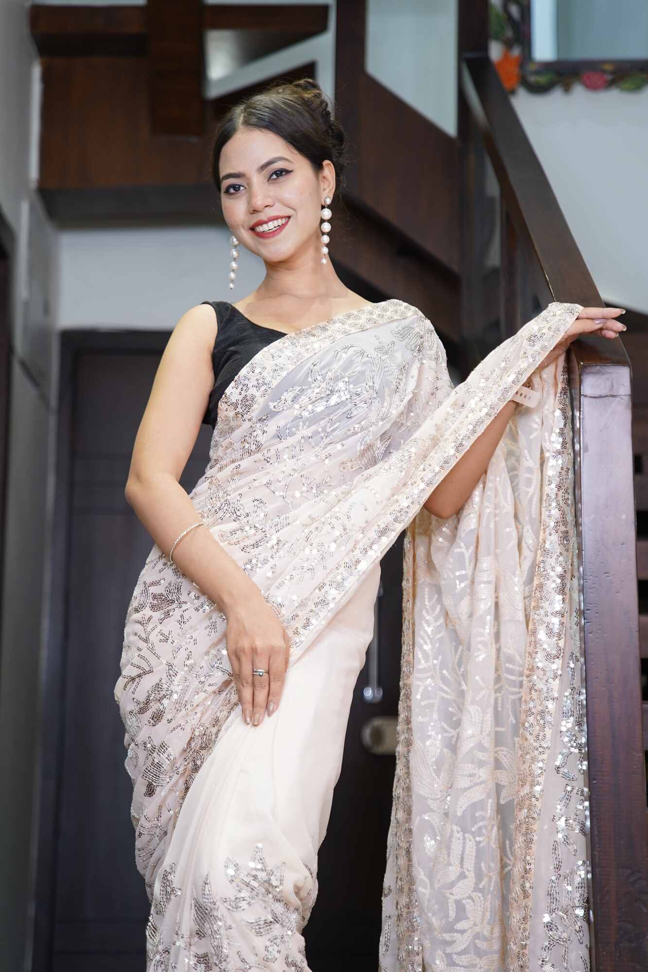 Beautiful Creamy  Sequins All over Work Georgette Wrap in 1 minute saree with ready made blouse - Isadora Life Online Shopping Store