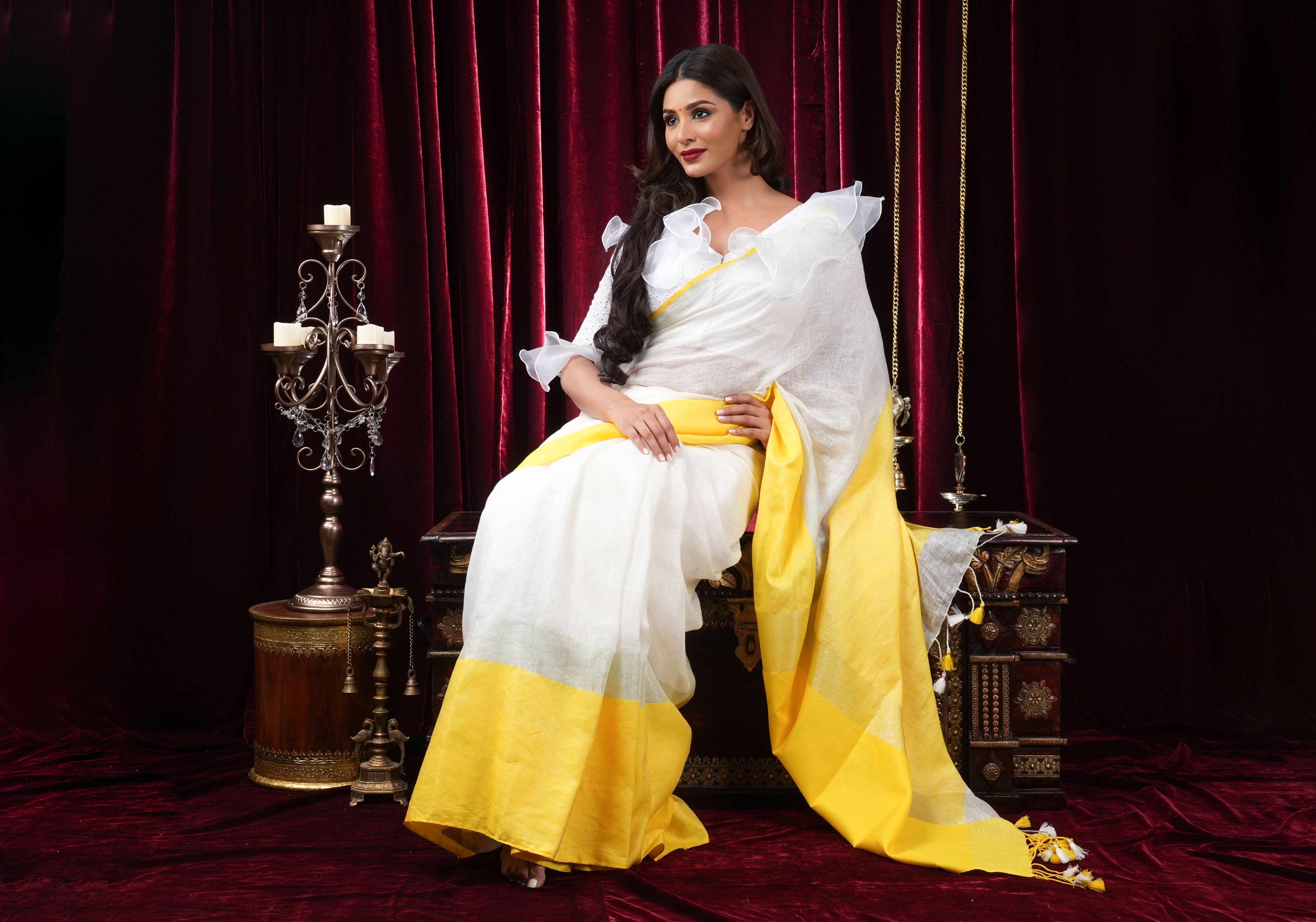 White and Yellow Wide Border Linen by Linen Saree | Shobitam