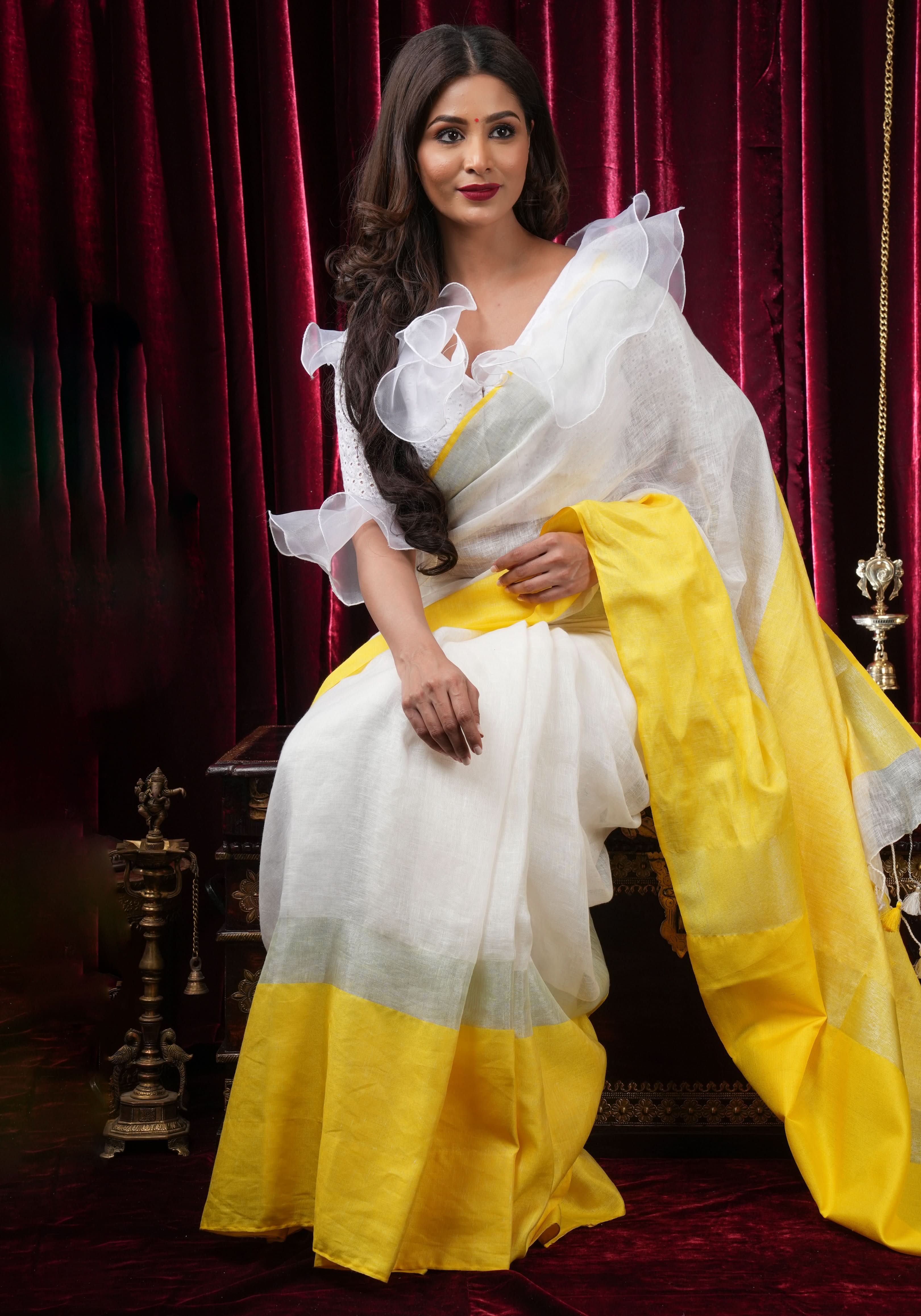 White and Yellow Wide Border Linen by Linen Saree | Shobitam