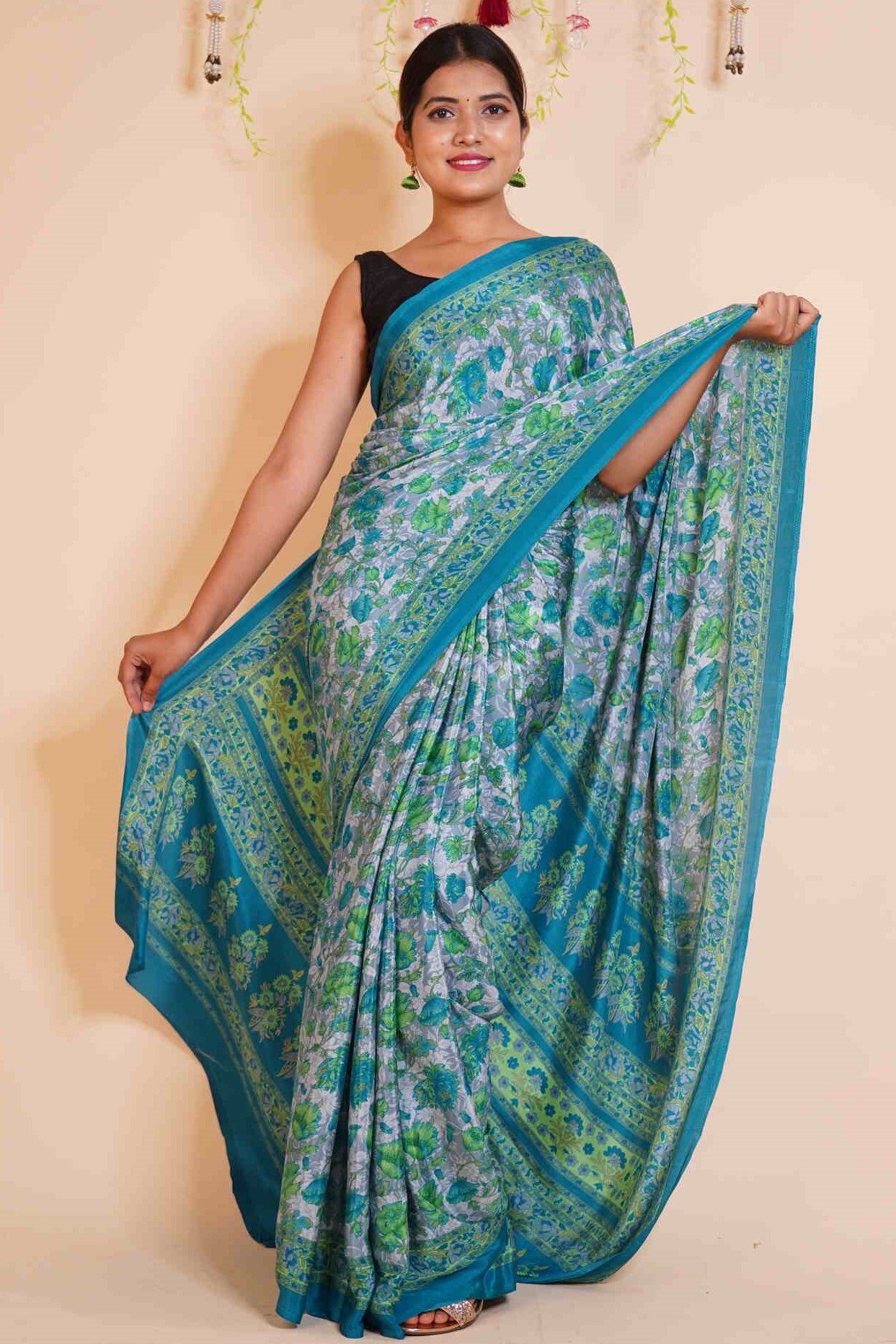 Ready To Wear Sea Green Crepe Chiffon Digital Floral Printed Wrap in 1 minute saree With Readymade Blouse - Isadora Life Online Shopping Store