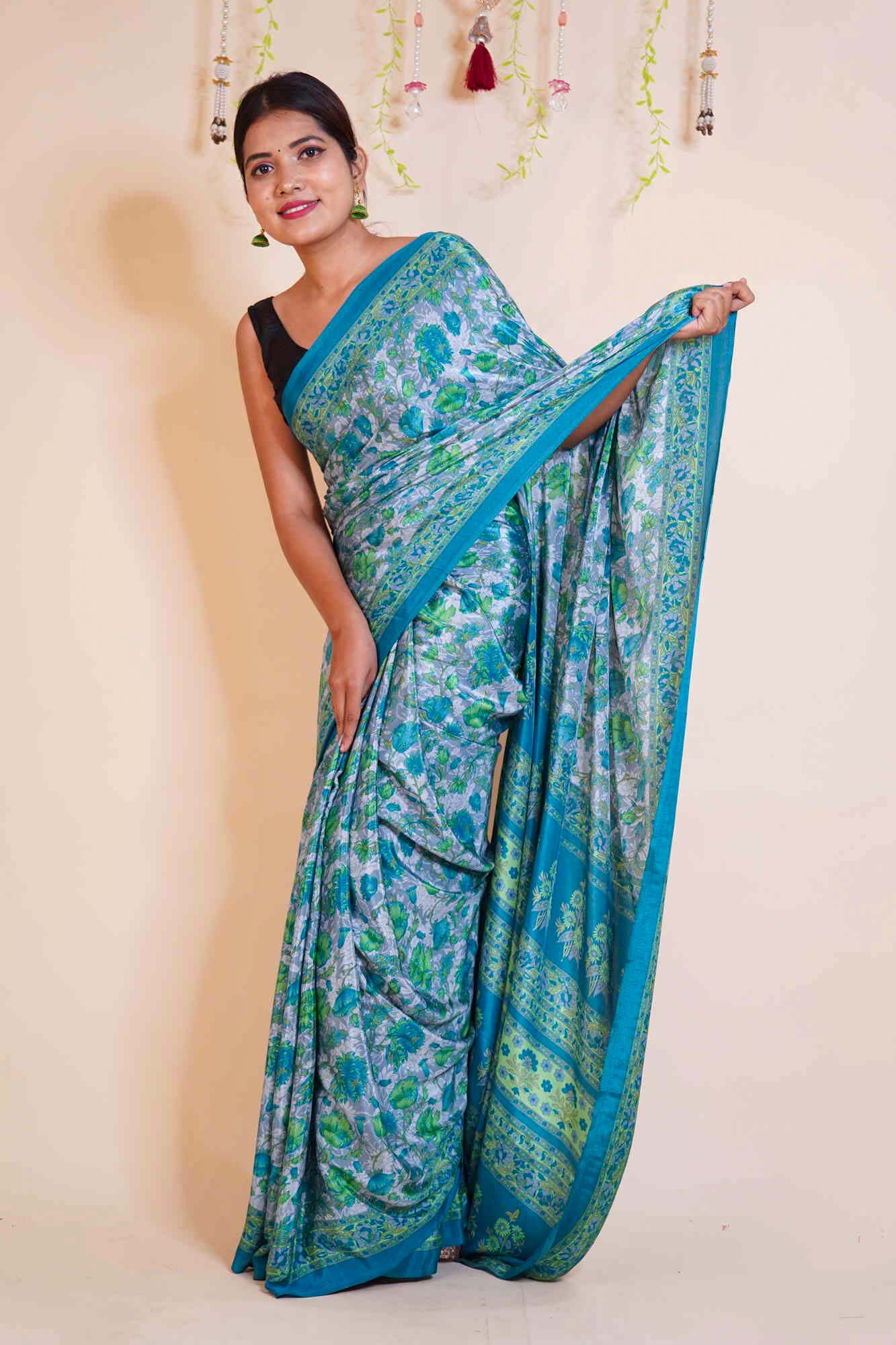 Ready To Wear Sea Green Crepe Chiffon Digital Floral Printed Wrap in 1 minute saree With Readymade Blouse - Isadora Life Online Shopping Store