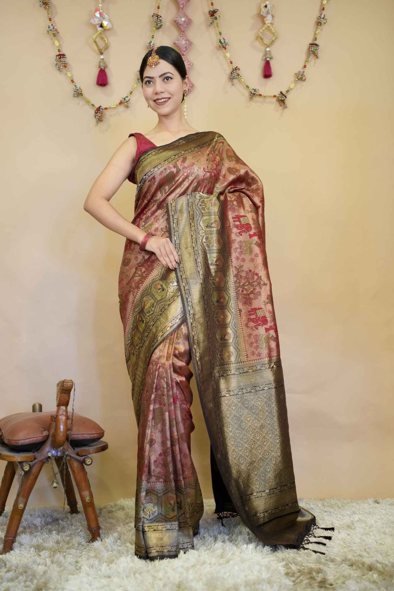 Kanjivaram Silk With Traditional Art  & Contrast Bordered Overall Stone Embellished Wrap in 1 minute saree