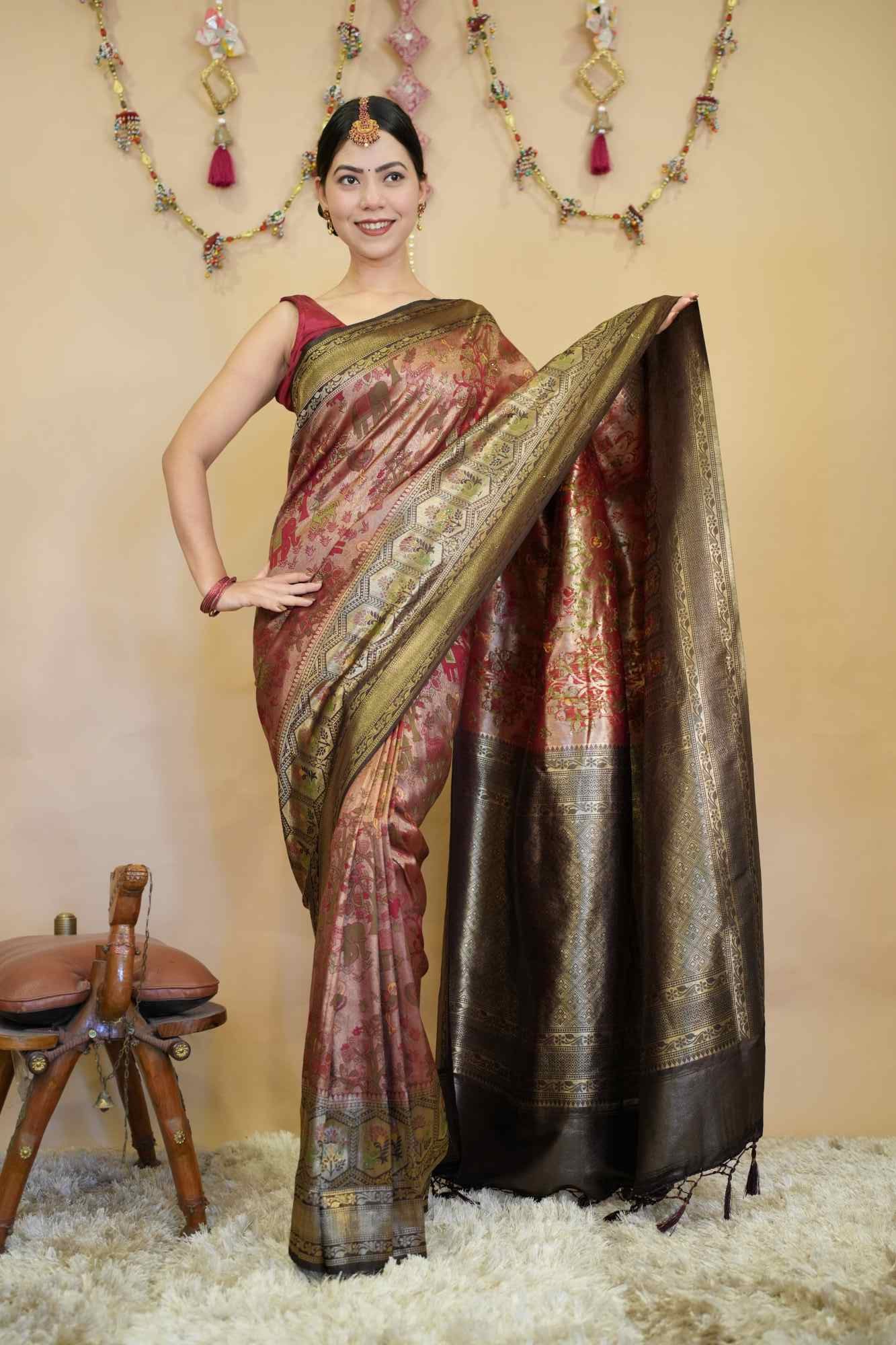 Kanjivaram Silk With Traditional Art  & Contrast Bordered Overall Stone Embellished Wrap in 1 minute saree