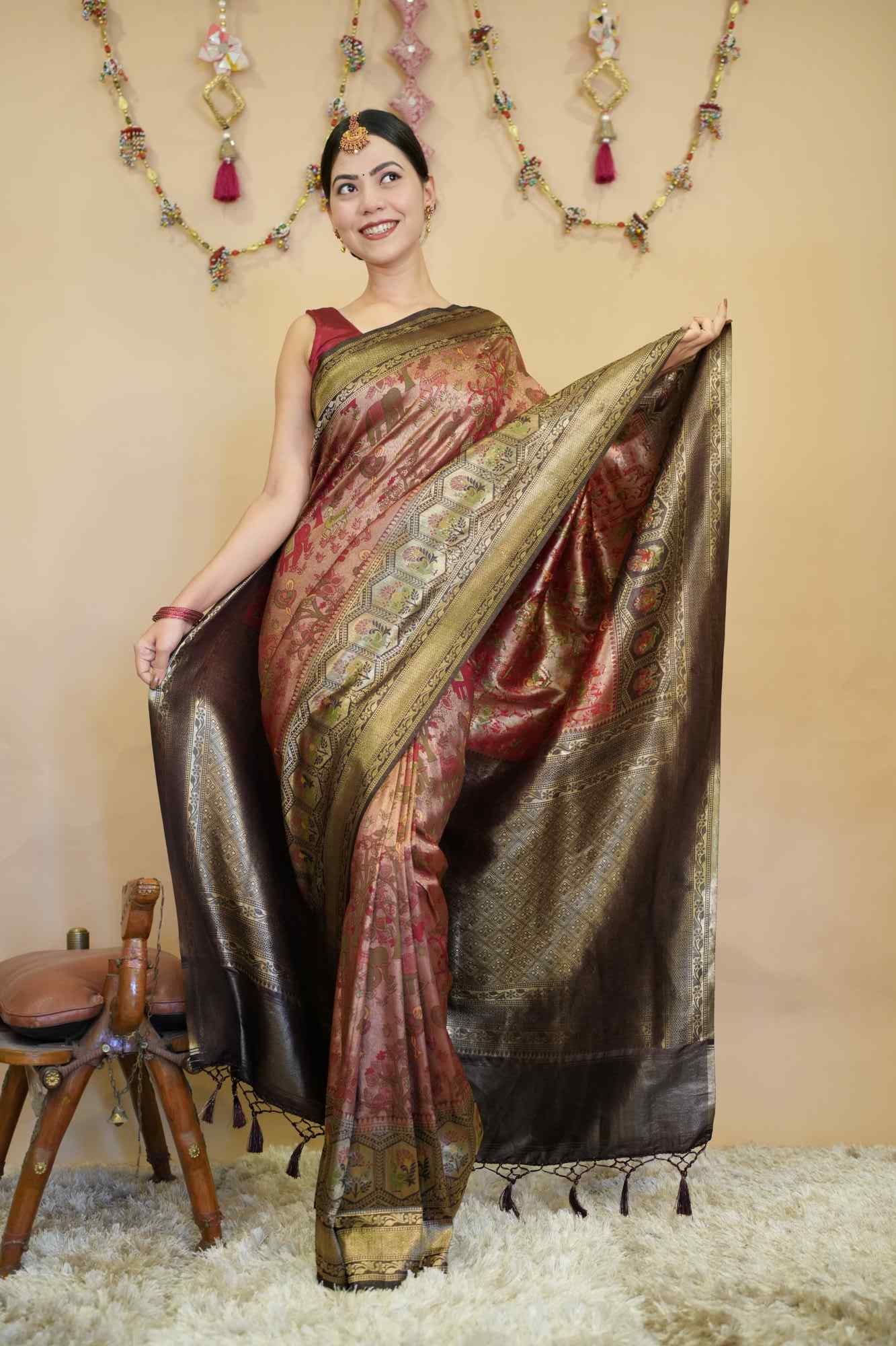 Kanjivaram Silk With Traditional Art  & Contrast Bordered Overall Stone Embellished Wrap in 1 minute saree