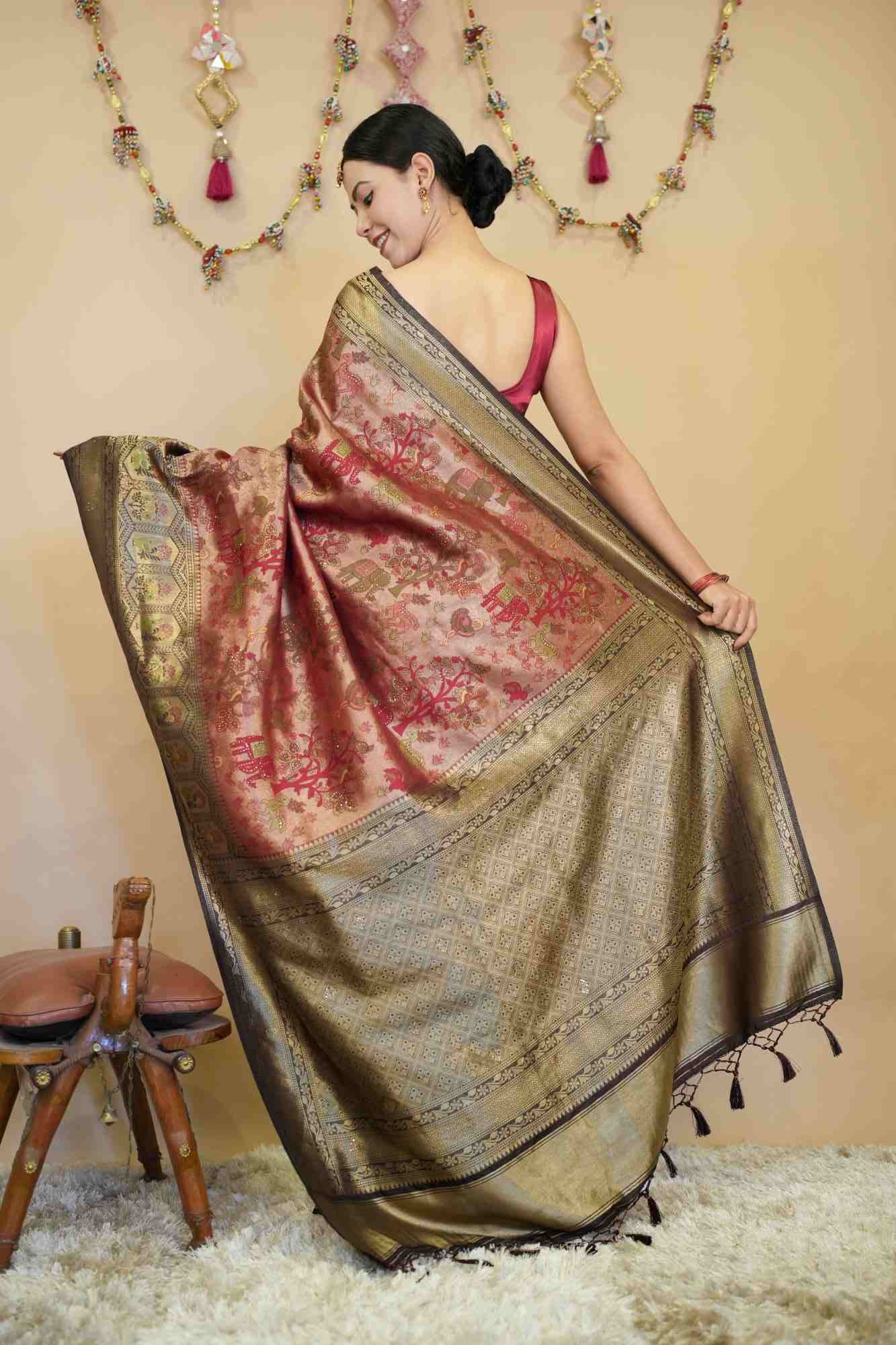 Kanjivaram Silk With Traditional Art  & Contrast Bordered Overall Stone Embellished Wrap in 1 minute saree