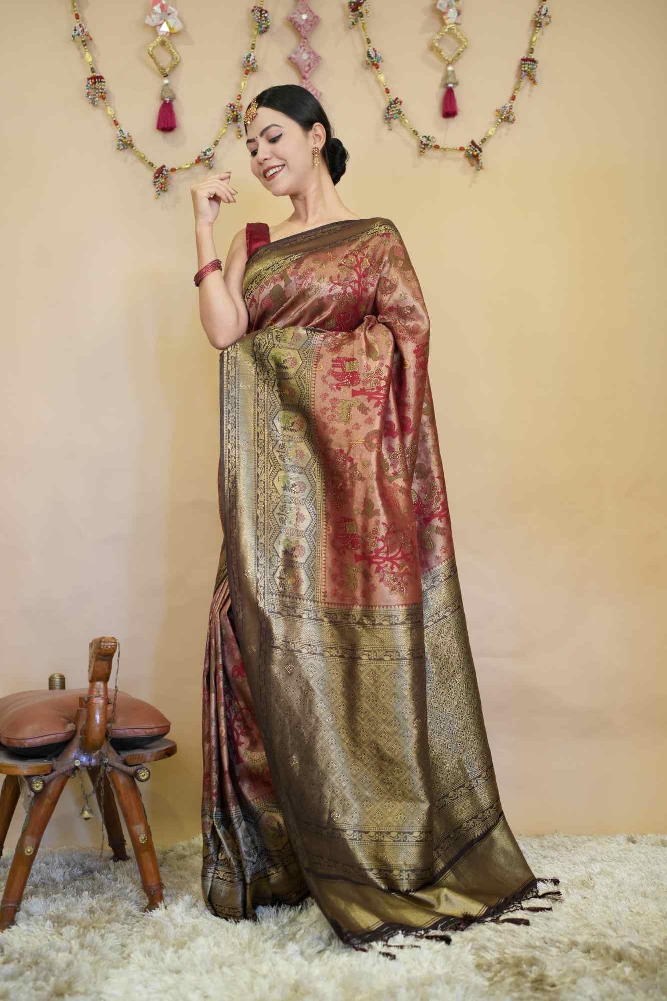 Kanjivaram Silk With Traditional Art  & Contrast Bordered Overall Stone Embellished Wrap in 1 minute saree