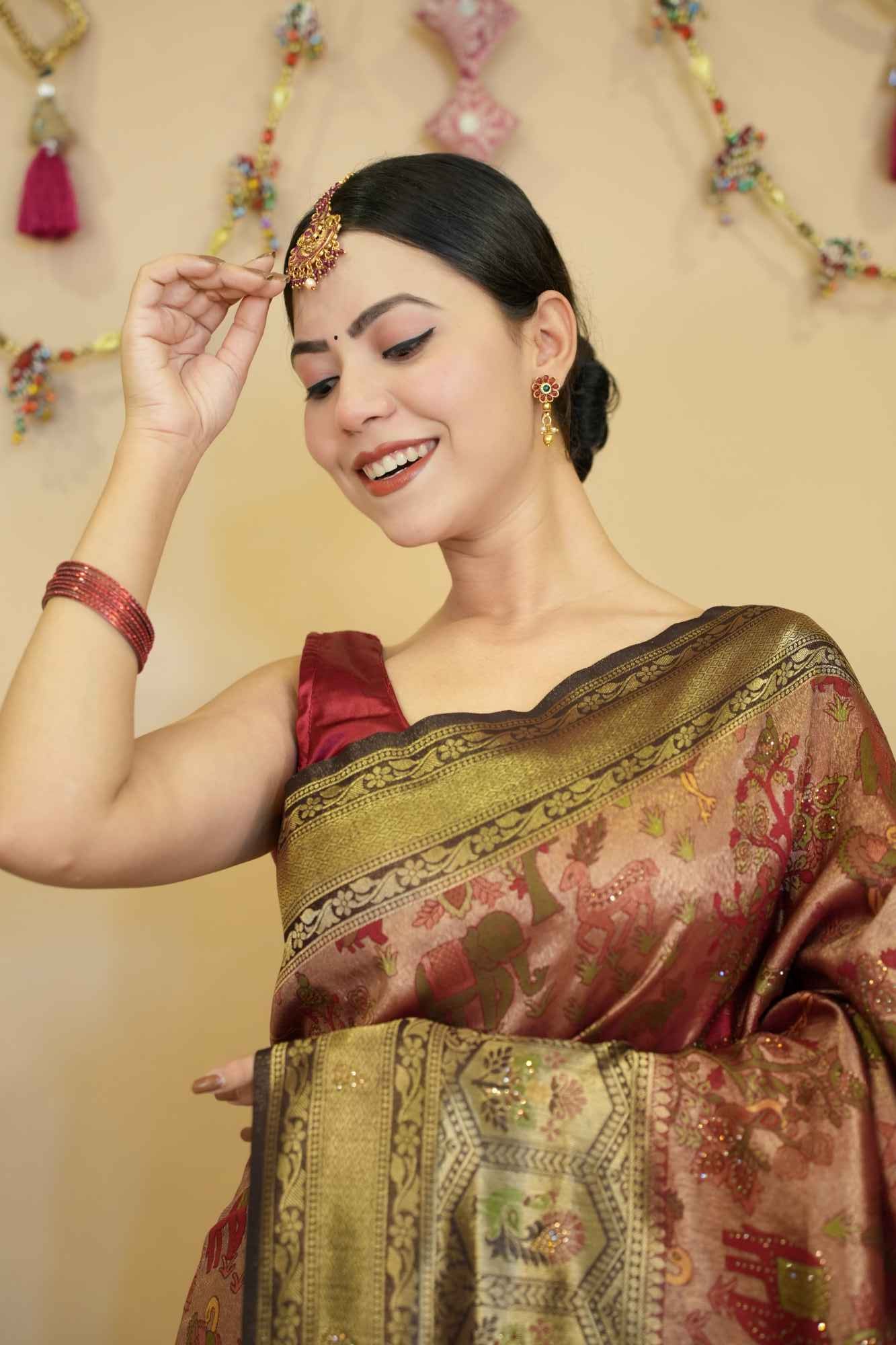 Kanjivaram Silk With Traditional Art  & Contrast Bordered Overall Stone Embellished Wrap in 1 minute saree