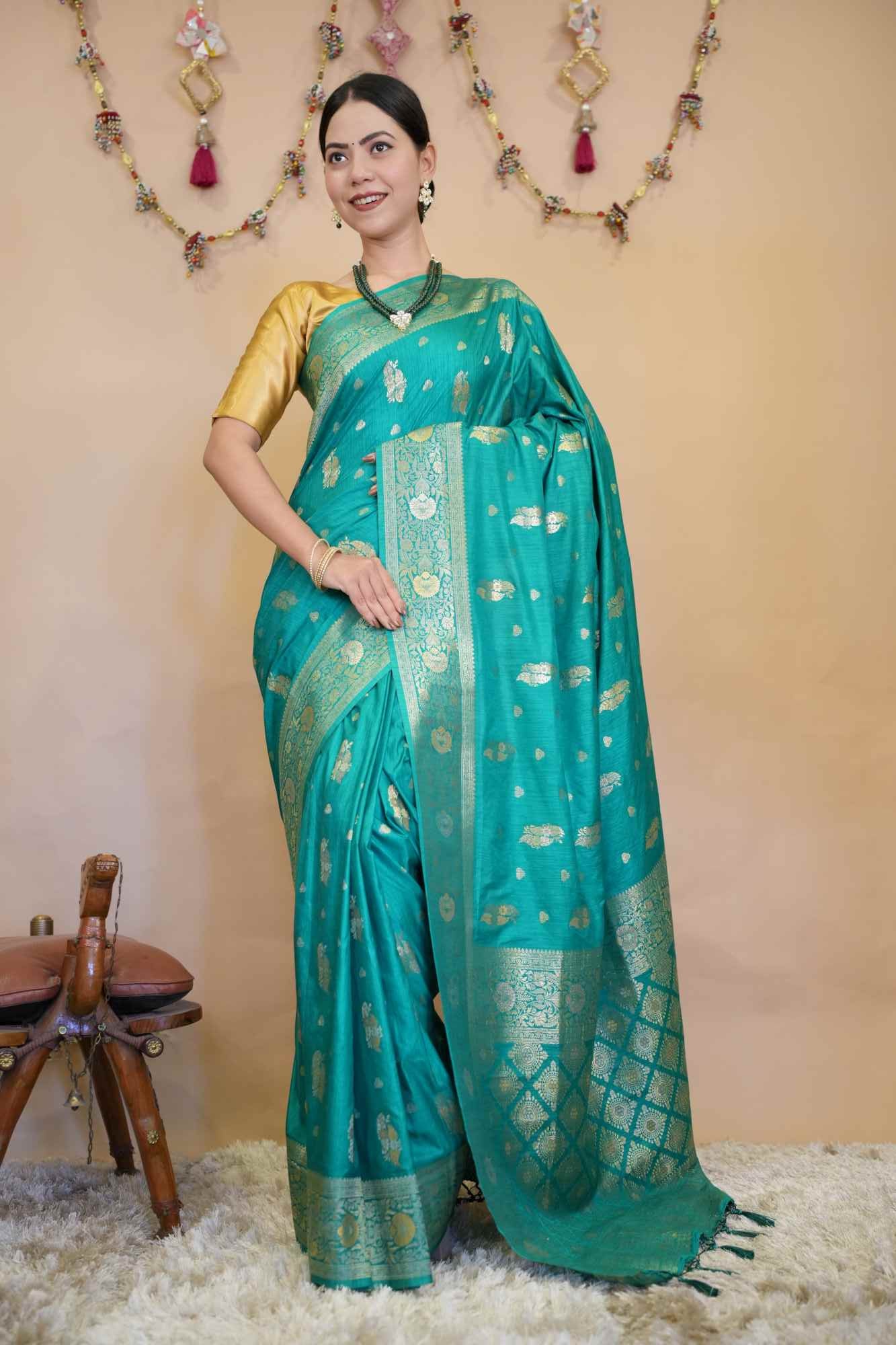 Sea Blue Banarasi Silk  With Detailed Border & Motif Woven Overall  Ready To Wear Saree