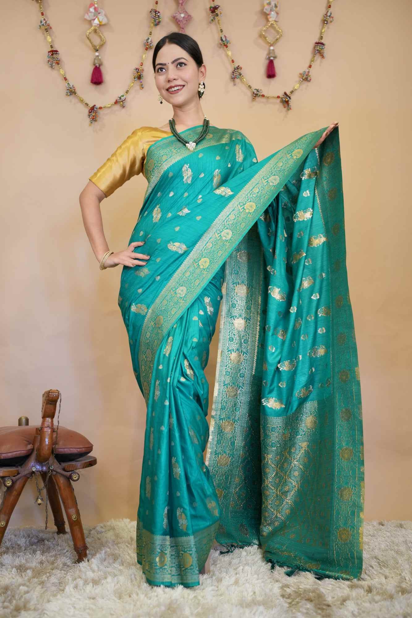 Sea Blue Banarasi Silk  With Detailed Border & Motif Woven Overall  Ready To Wear Saree