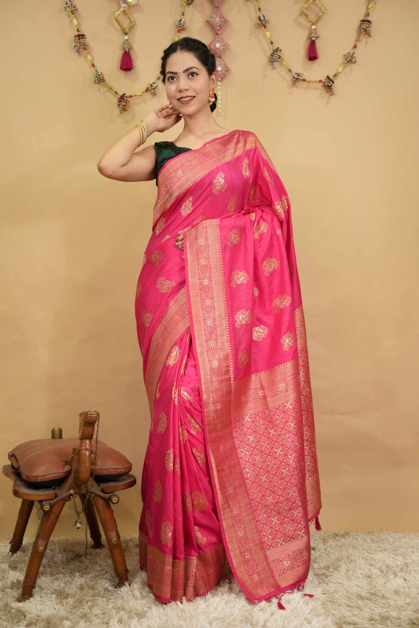 Pink Banarasi With Golden Zari Motif & Detailed Border Ornate palla Ready To Wear Saree