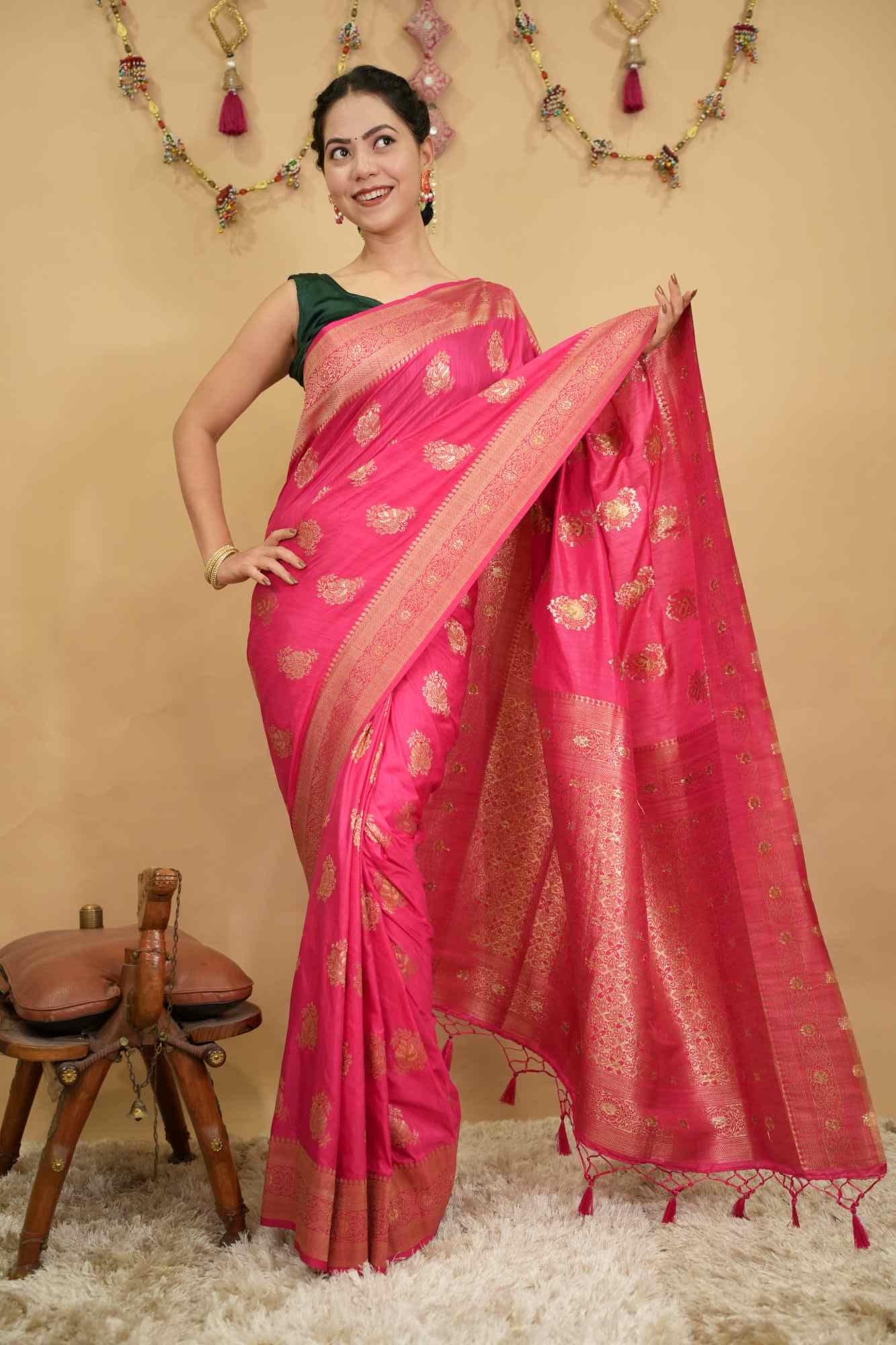 Pink Banarasi With Golden Zari Motif & Detailed Border Ornate palla Ready To Wear Saree