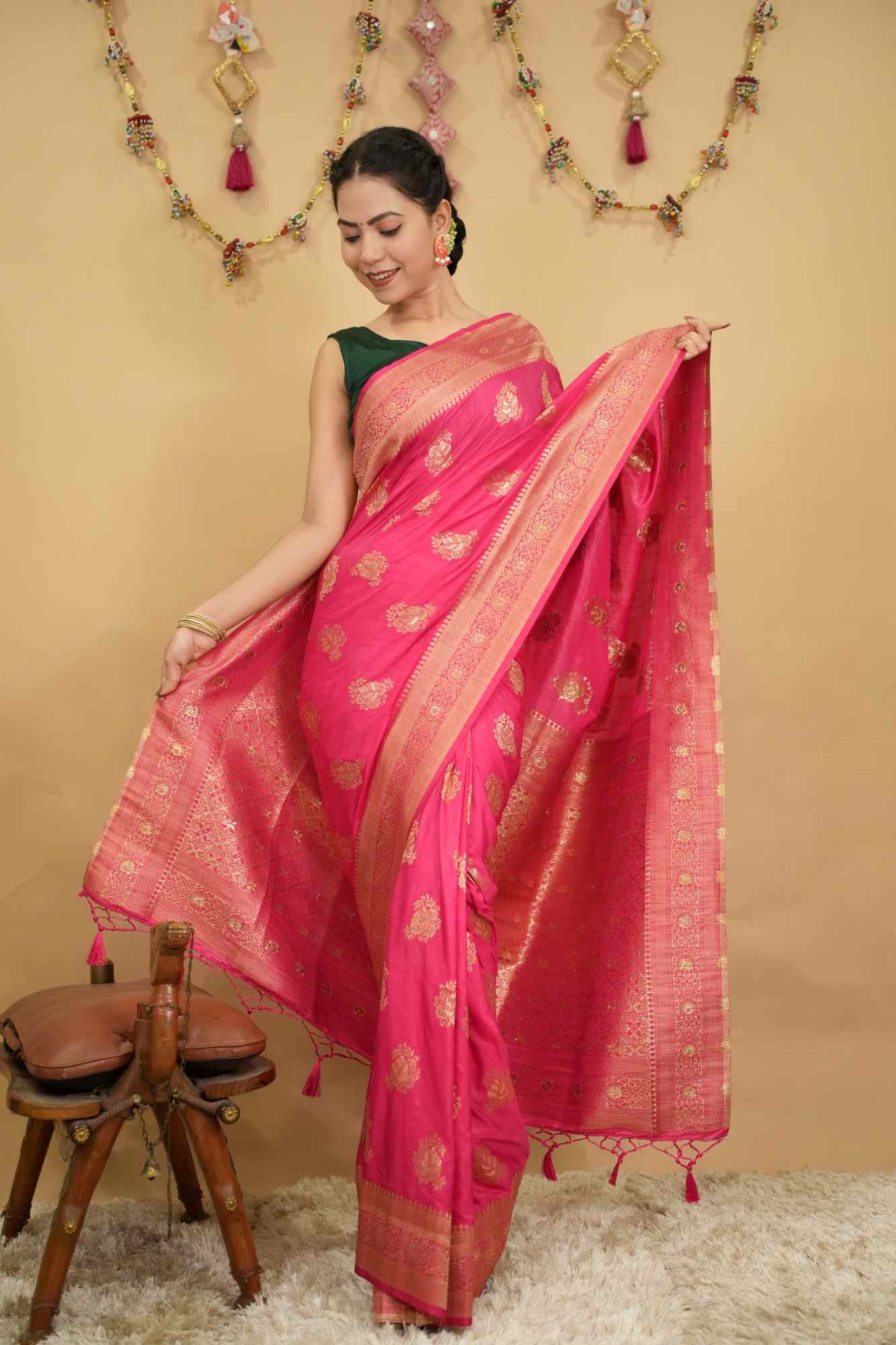 Pink Banarasi With Golden Zari Motif & Detailed Border Ornate palla Ready To Wear Saree