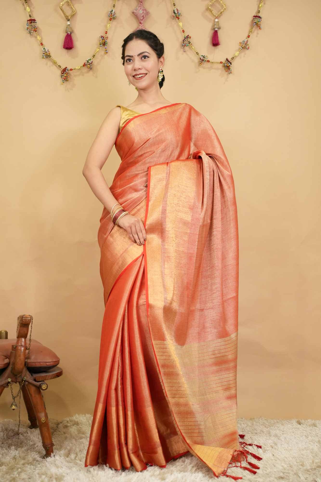 Beautiful Dhoop Chauv Tissue Linen Golden Zari Broad Bordered With Tassels  Ready To Wear saree