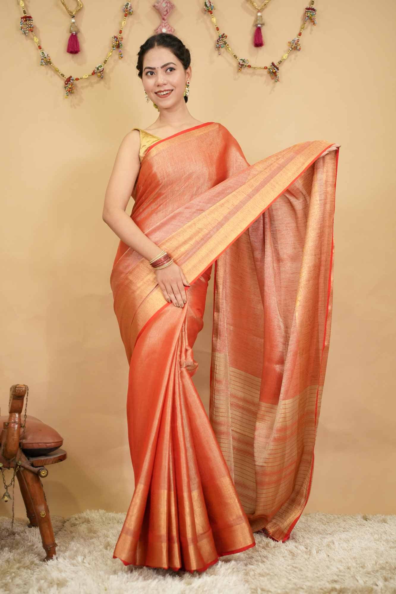 Beautiful Dhoop Chauv Tissue Linen Golden Zari Broad Bordered With Tassels  Ready To Wear saree