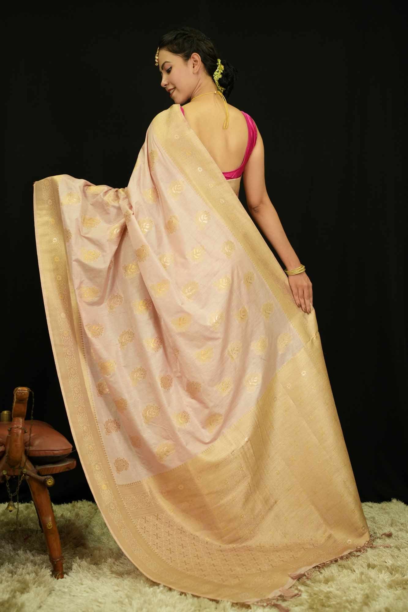 Cream Banarasi Golden Zari Motif Woven With Border & Tassel On Palla Ready To Wear Saree