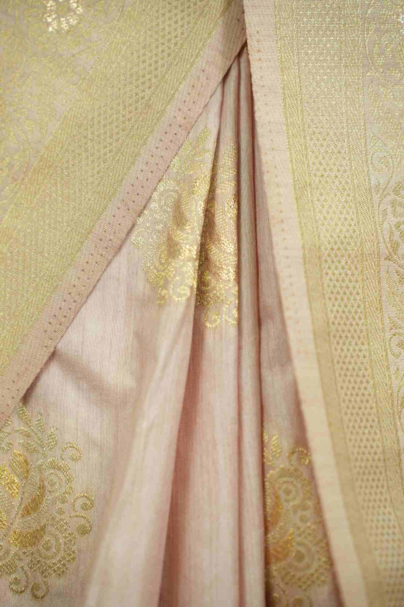 Cream Banarasi Golden Zari Motif Woven With Border & Tassel On Palla Ready To Wear Saree