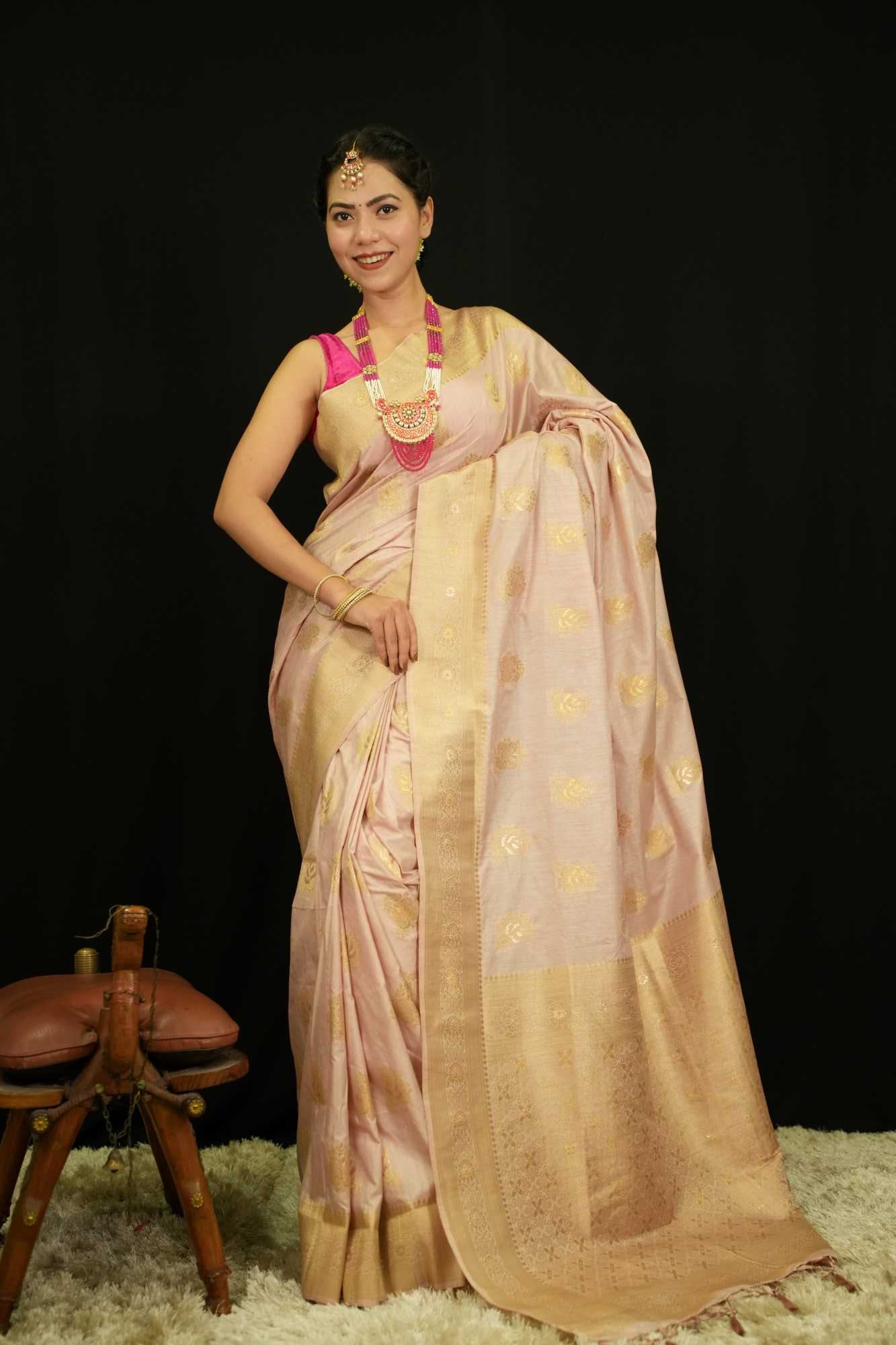 Cream Banarasi Golden Zari Motif Woven With Border & Tassel On Palla Ready To Wear Saree