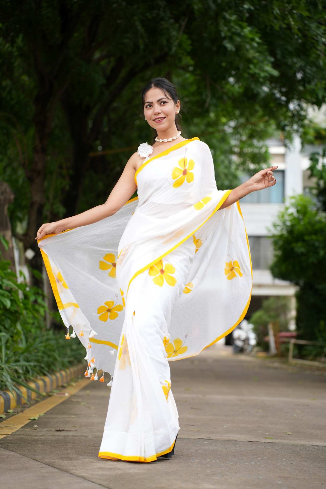 Soft White & Musturd Foral Print Mul Mul Cotton With Pom Pom On border Pre Drape Saree