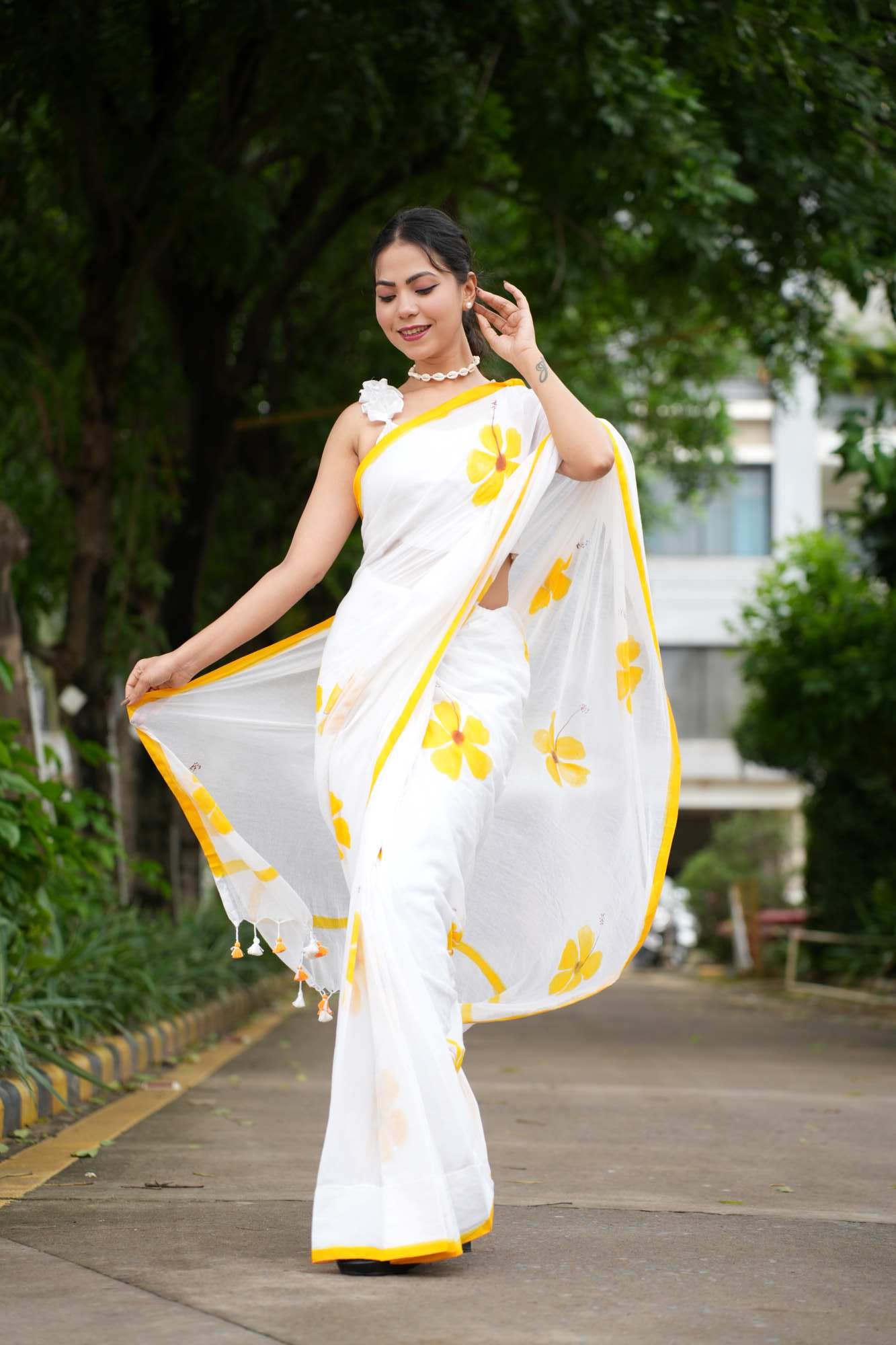 Soft White & Musturd Foral Print Mul Mul Cotton With Pom Pom On border Pre Drape Saree