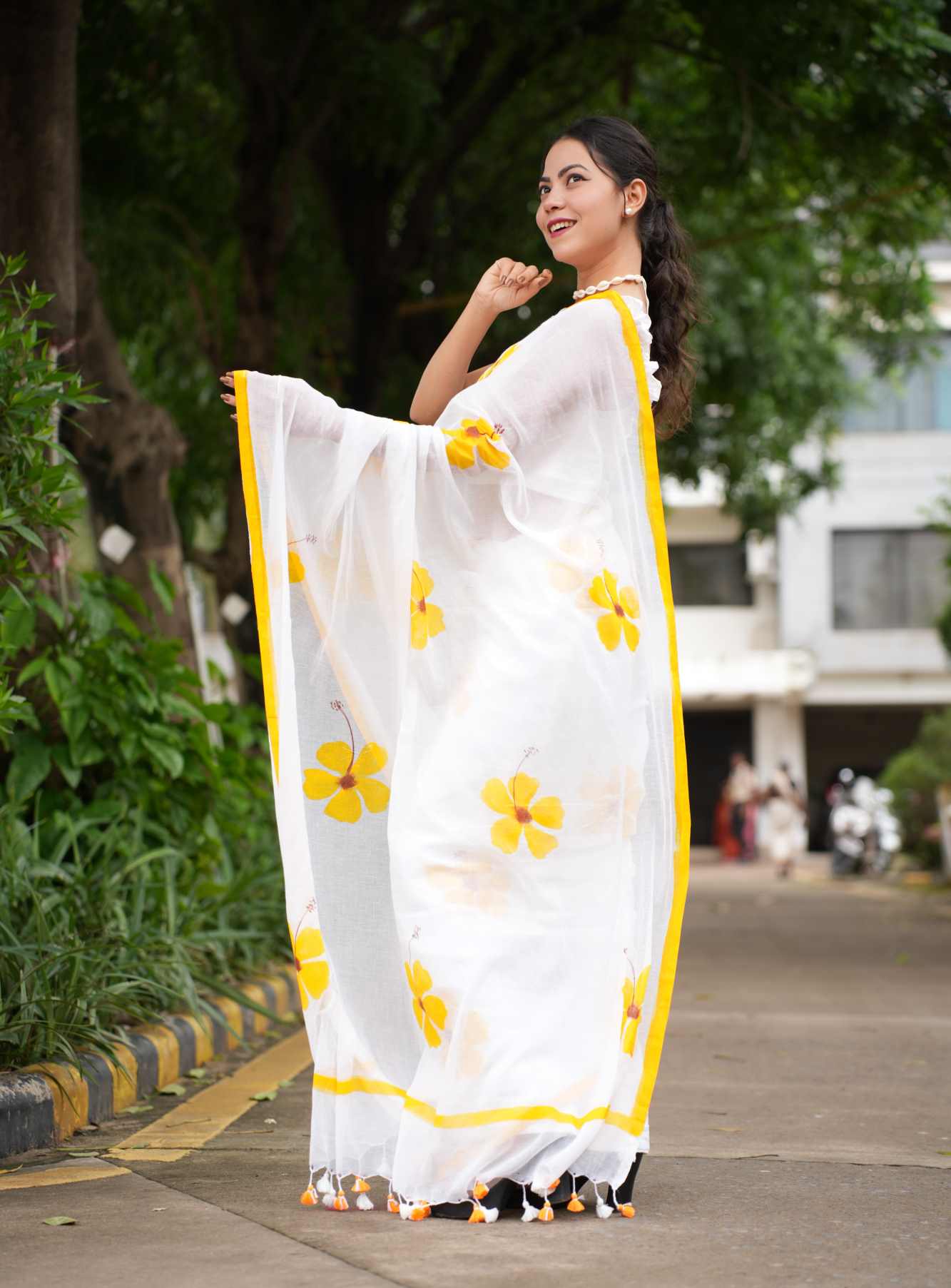 Soft White & Musturd Foral Print Mul Mul Cotton With Pom Pom On border Pre Drape Saree