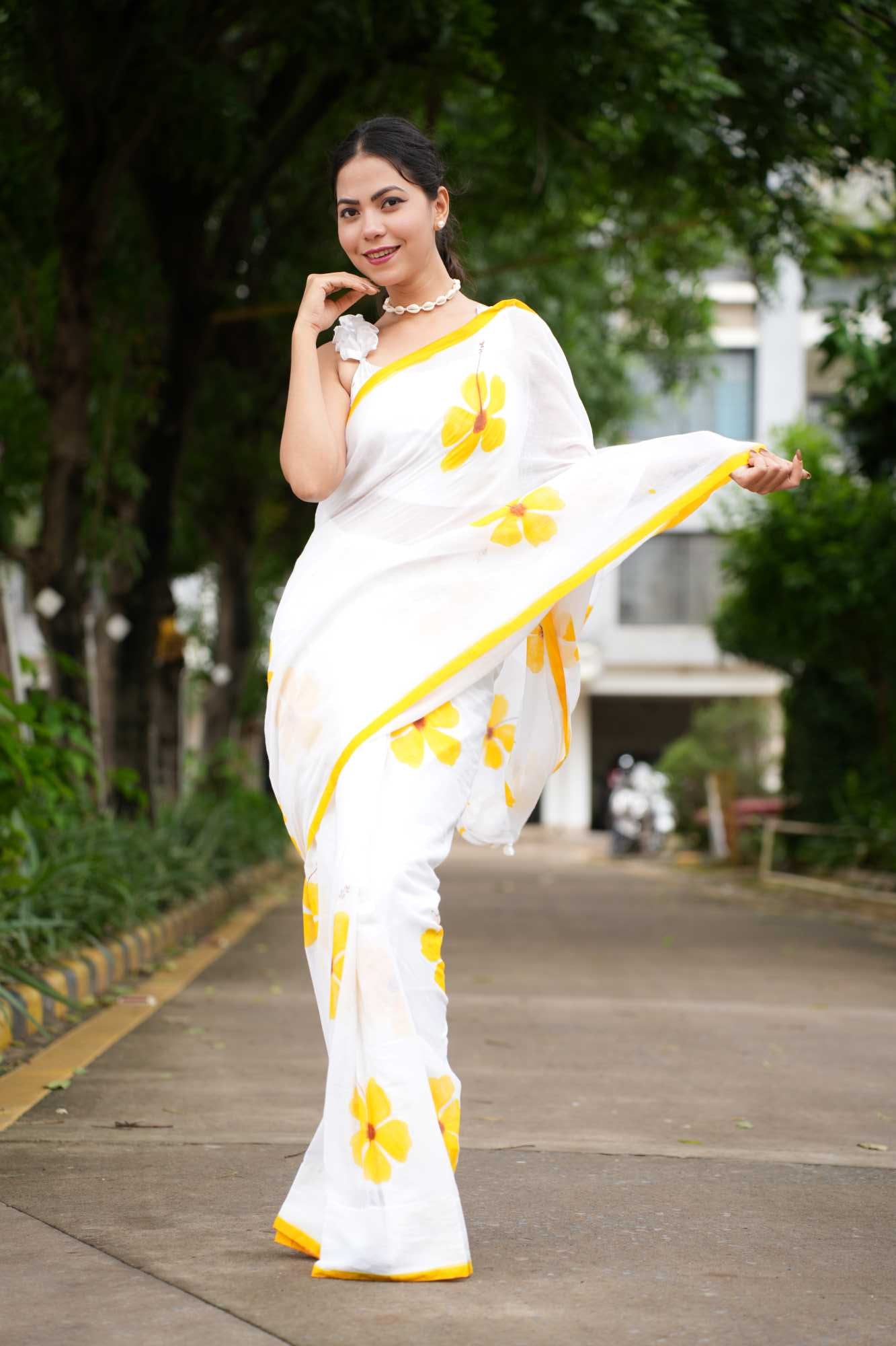 Soft White & Musturd Foral Print Mul Mul Cotton With Pom Pom On border Pre Drape Saree