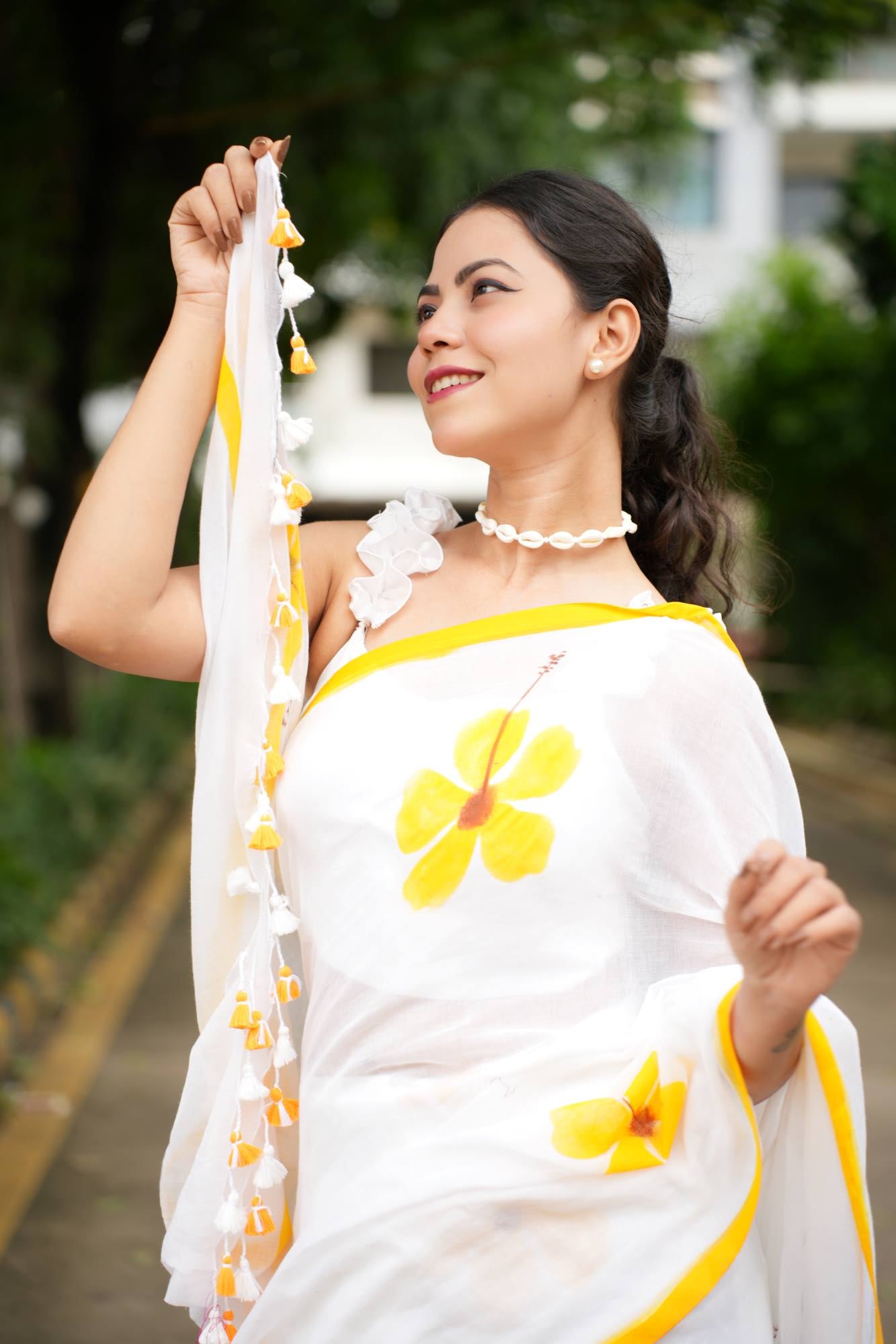 Soft White & Musturd Foral Print Mul Mul Cotton With Pom Pom On border Pre Drape Saree