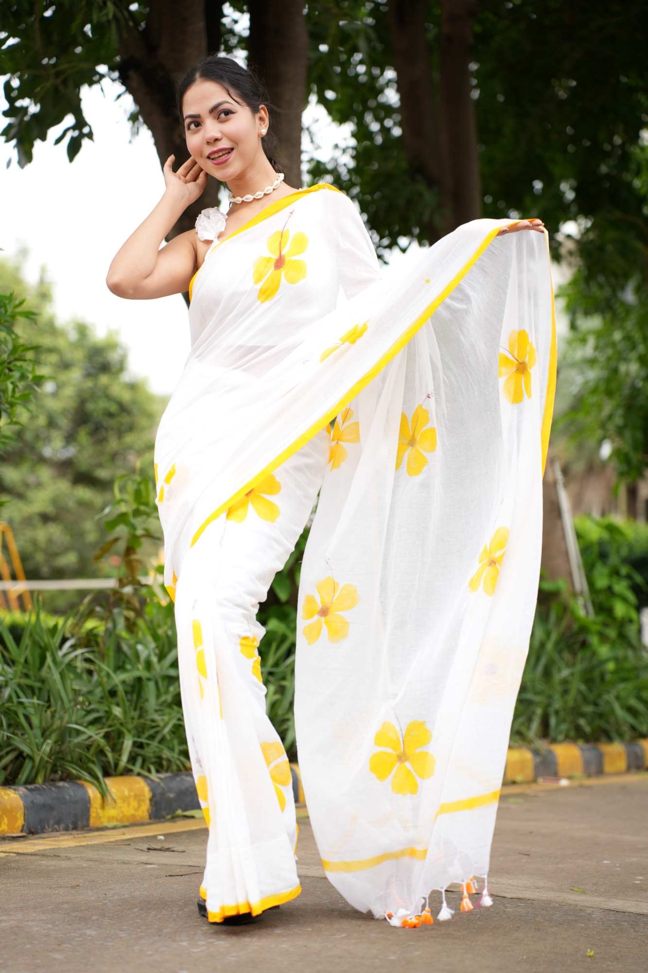 Soft White & Musturd Foral Print Mul Mul Cotton With Pom Pom On border Pre Drape Saree