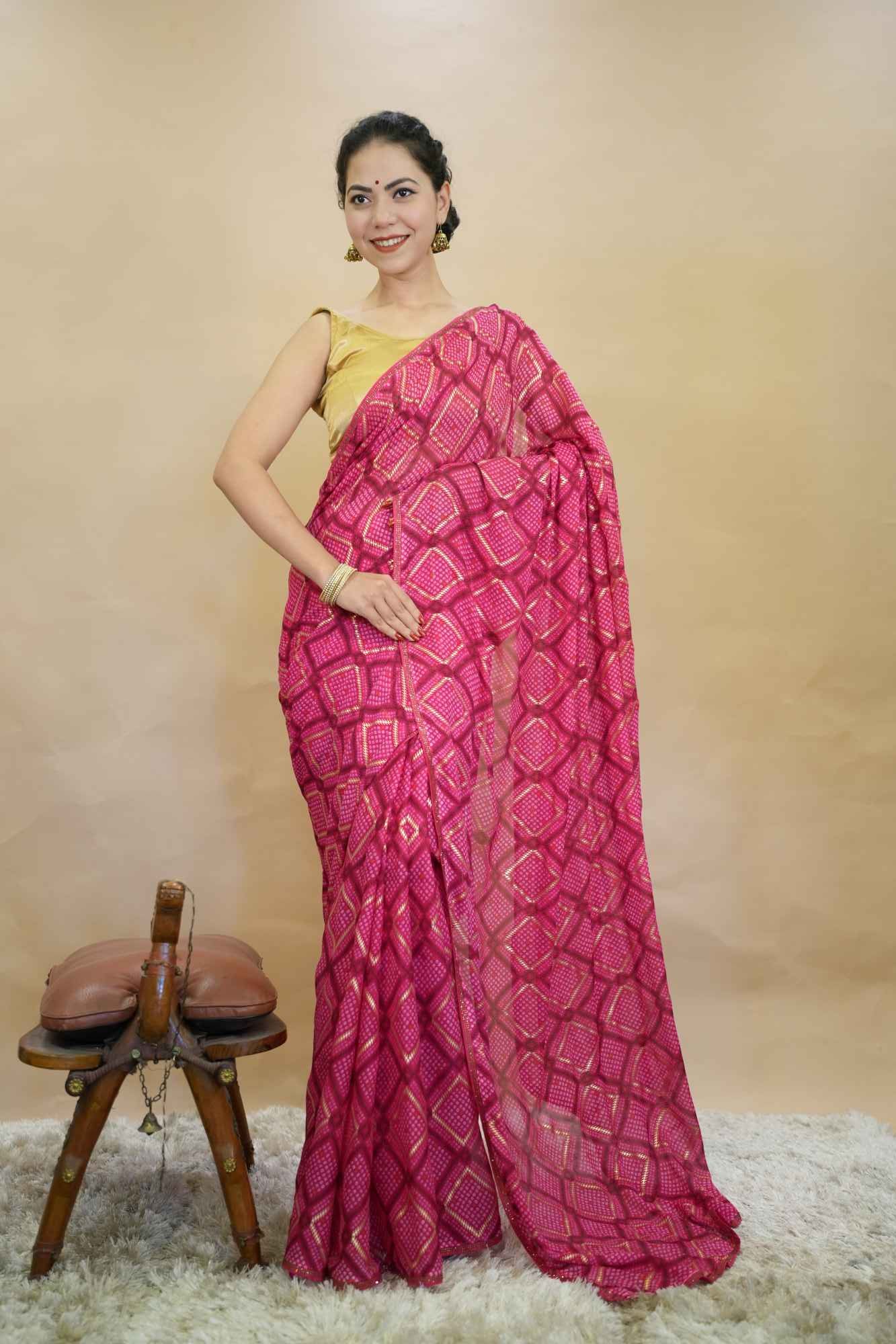 Beautiful Rani Pink Overall Floral With Stone  Embellished Border Wrap In One Minute Saree