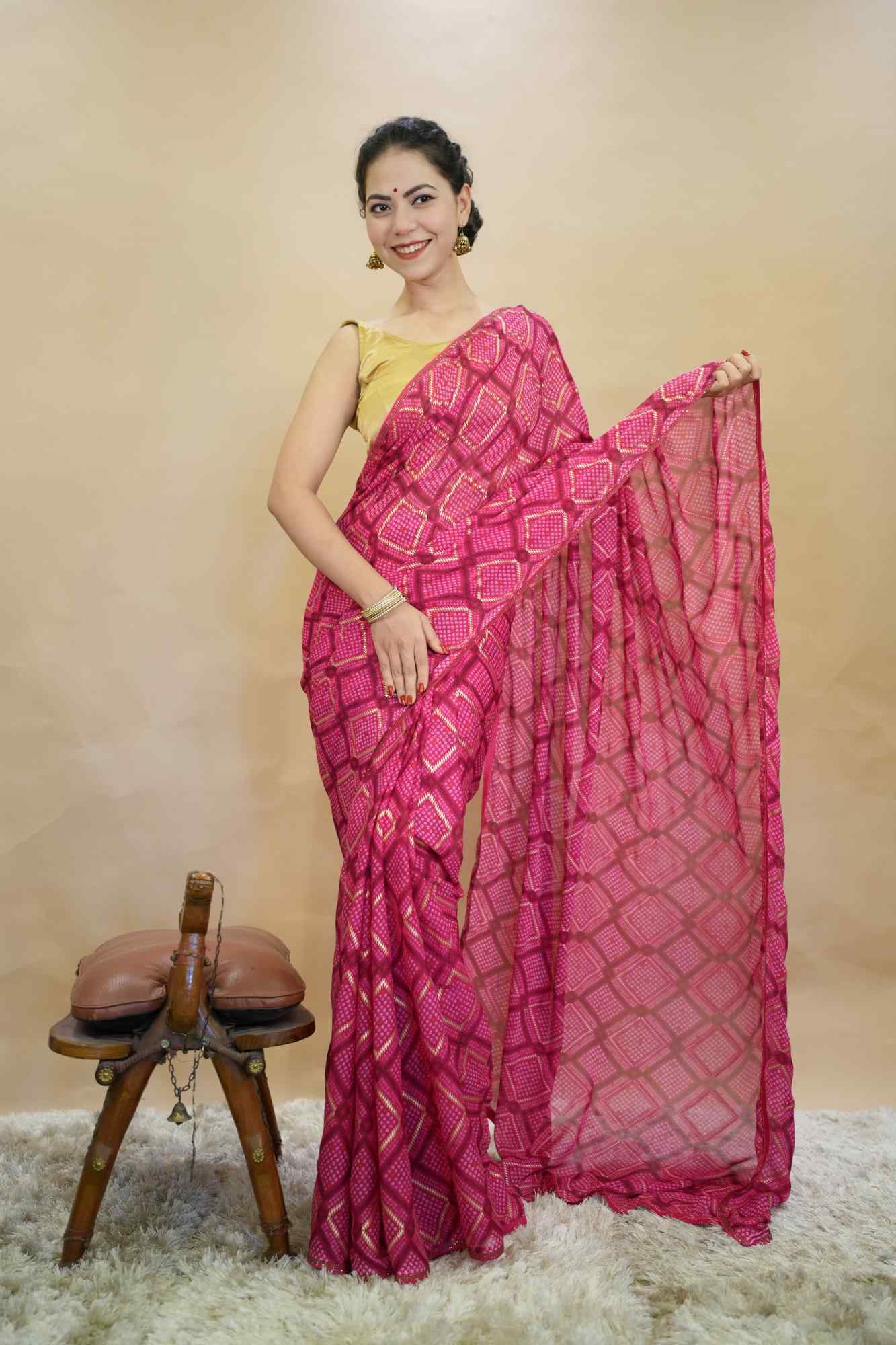 Beautiful Rani Pink Overall Floral With Stone  Embellished Border Wrap In One Minute Saree