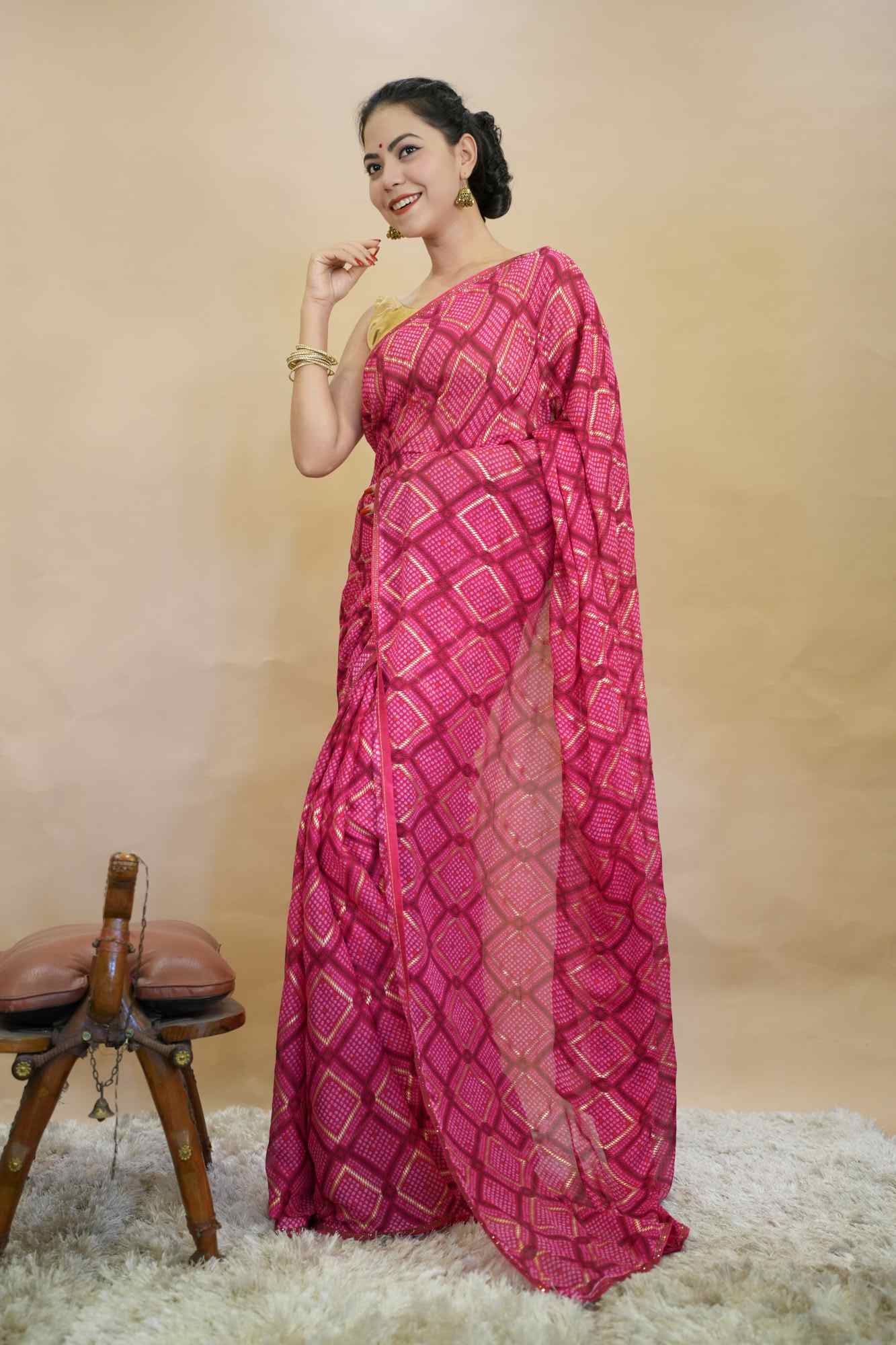 Beautiful Rani Pink Overall Floral With Stone  Embellished Border Wrap In One Minute Saree