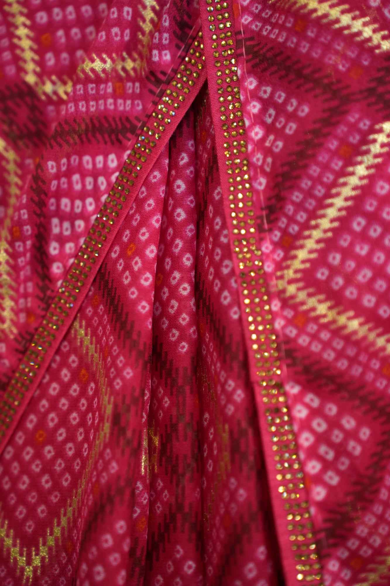 Beautiful Rani Pink Overall Floral With Stone  Embellished Border Wrap In One Minute Saree