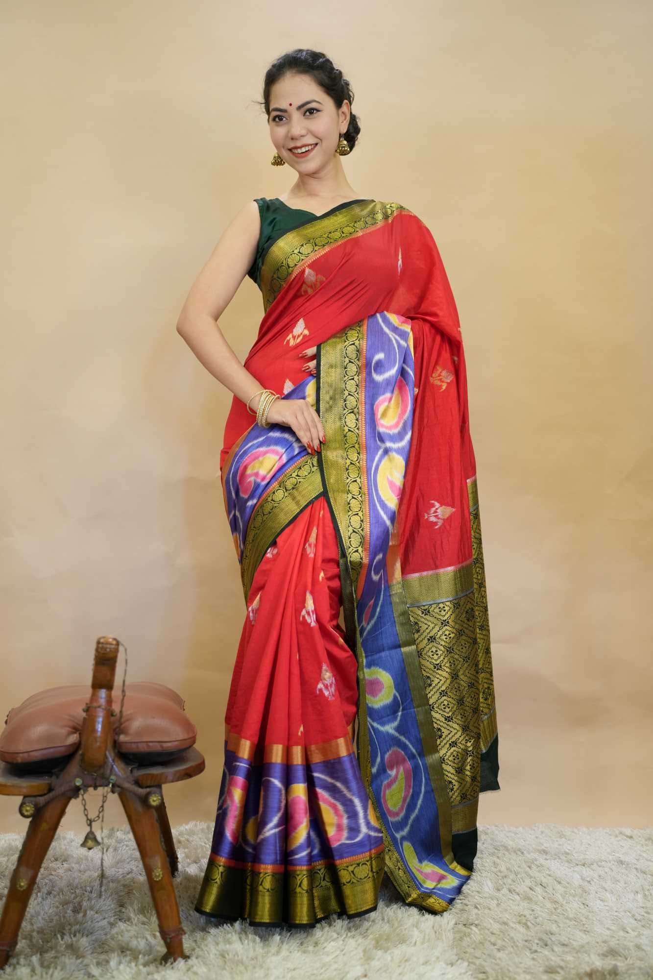 Royal Red Cotton Silk Zari With Ikkat Contrast Border Wrap in 1 minute saree