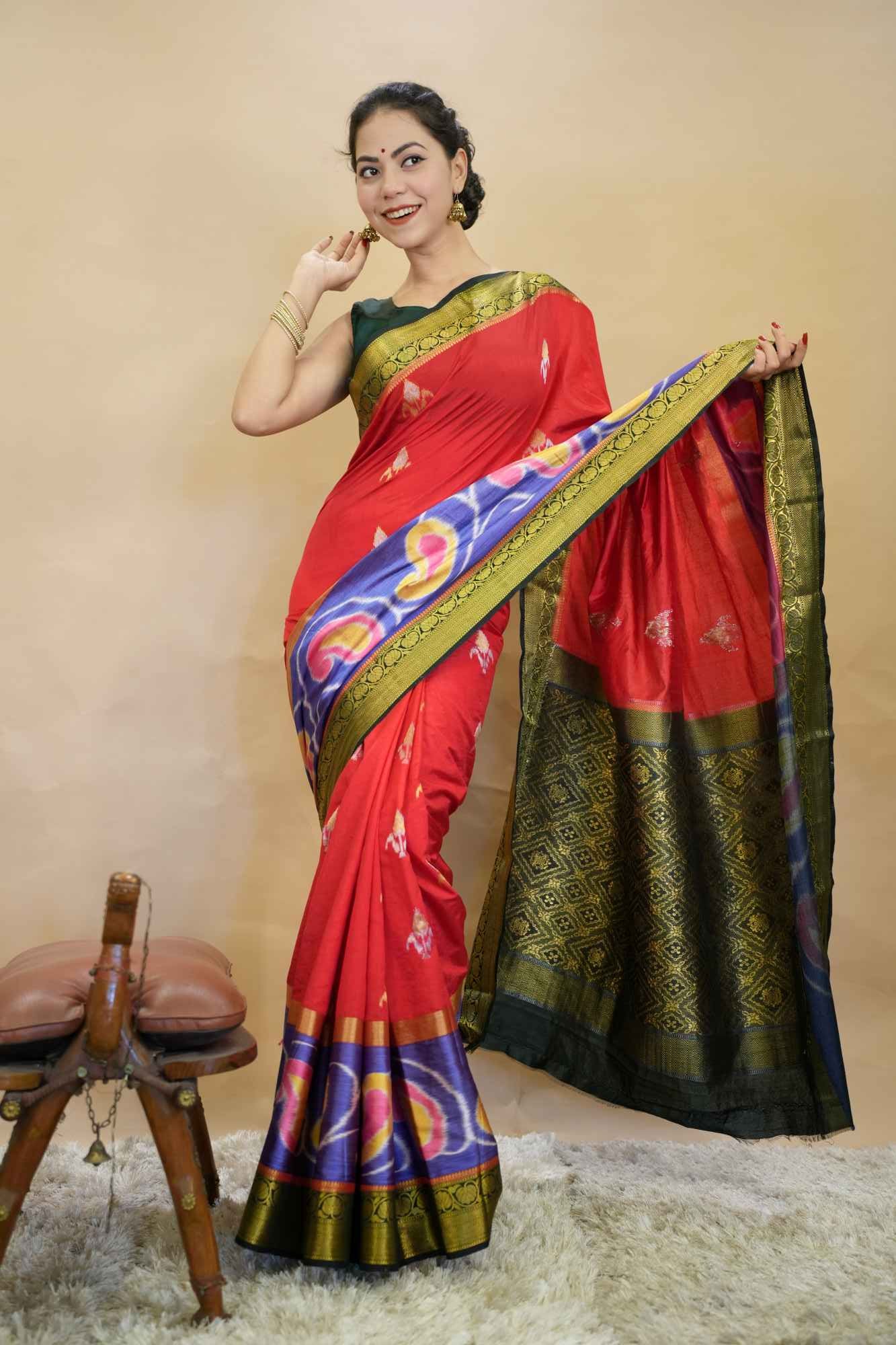 Royal Red Cotton Silk Zari With Ikkat Contrast Border Wrap in 1 minute saree