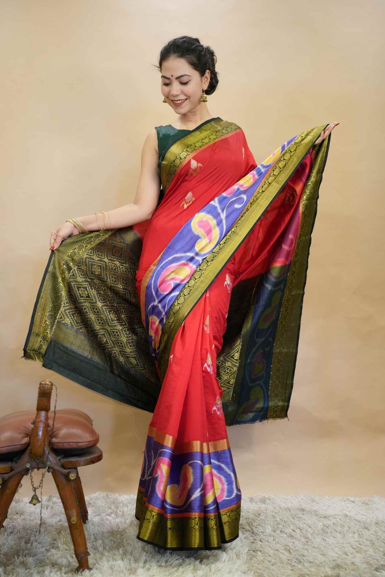 Royal Red Cotton Silk Zari With Ikkat Contrast Border Wrap in 1 minute saree