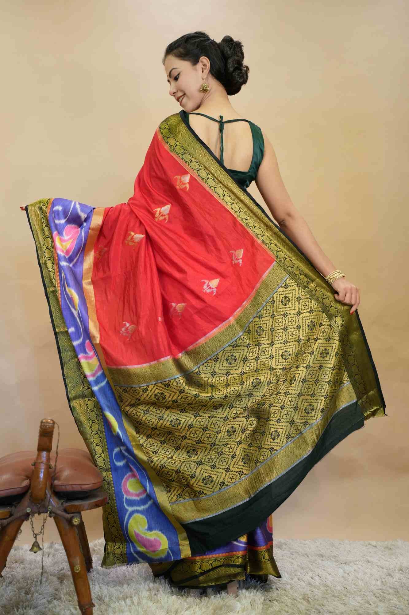 Royal Red Cotton Silk Zari With Ikkat Contrast Border Wrap in 1 minute saree