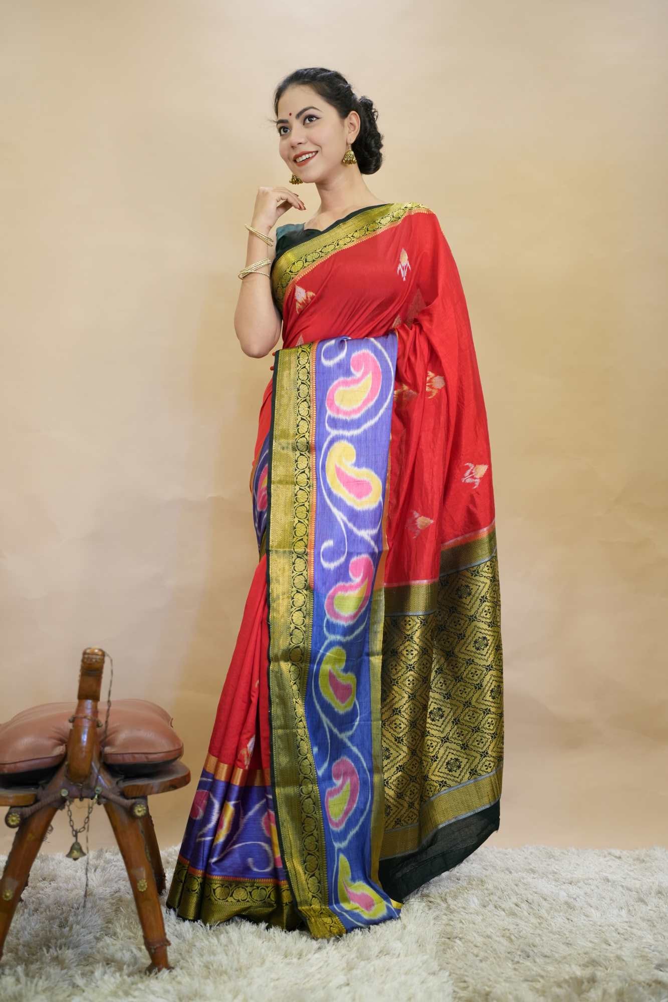 Royal Red Cotton Silk Zari With Ikkat Contrast Border Wrap in 1 minute saree