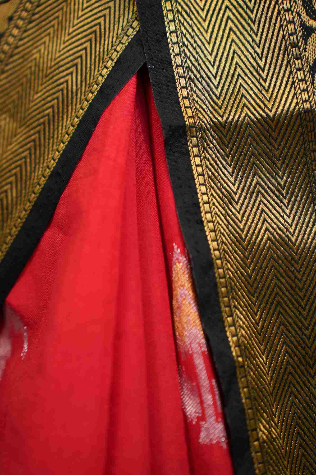 Royal Red Cotton Silk Zari With Ikkat Contrast Border Wrap in 1 minute saree