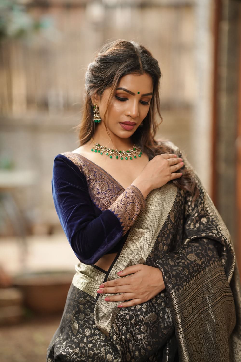 Midnight Blue Velvet Blouse with Antique Zari Plunge Neck Detailing, Made to Order | Shobitam