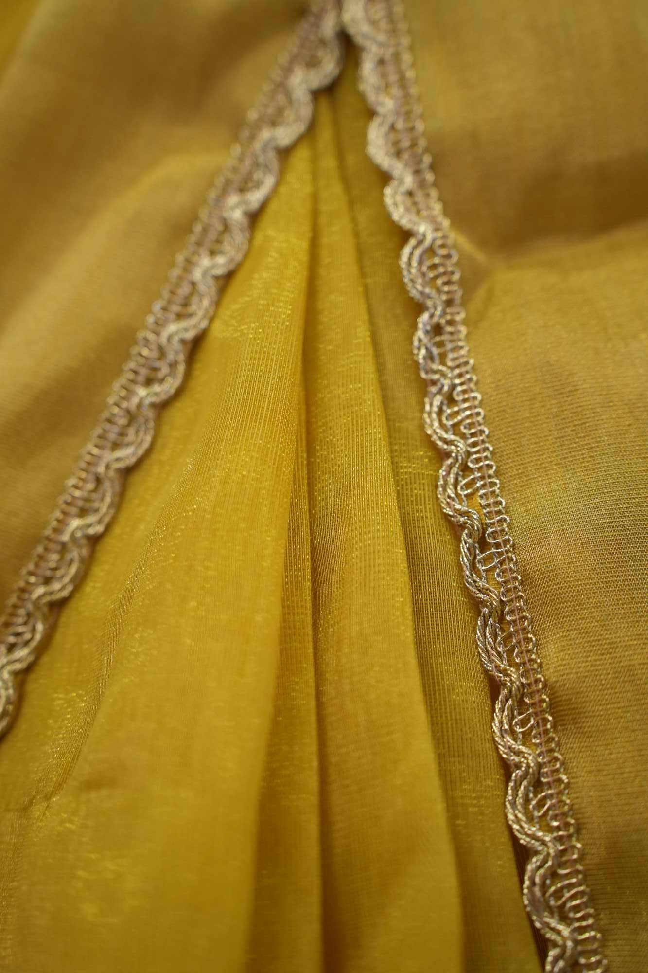 Mustard Yellow Soft Jimmy choo Fabric With Zari Weave Border And Golden Zari Piping Lace Pre Drape Saree