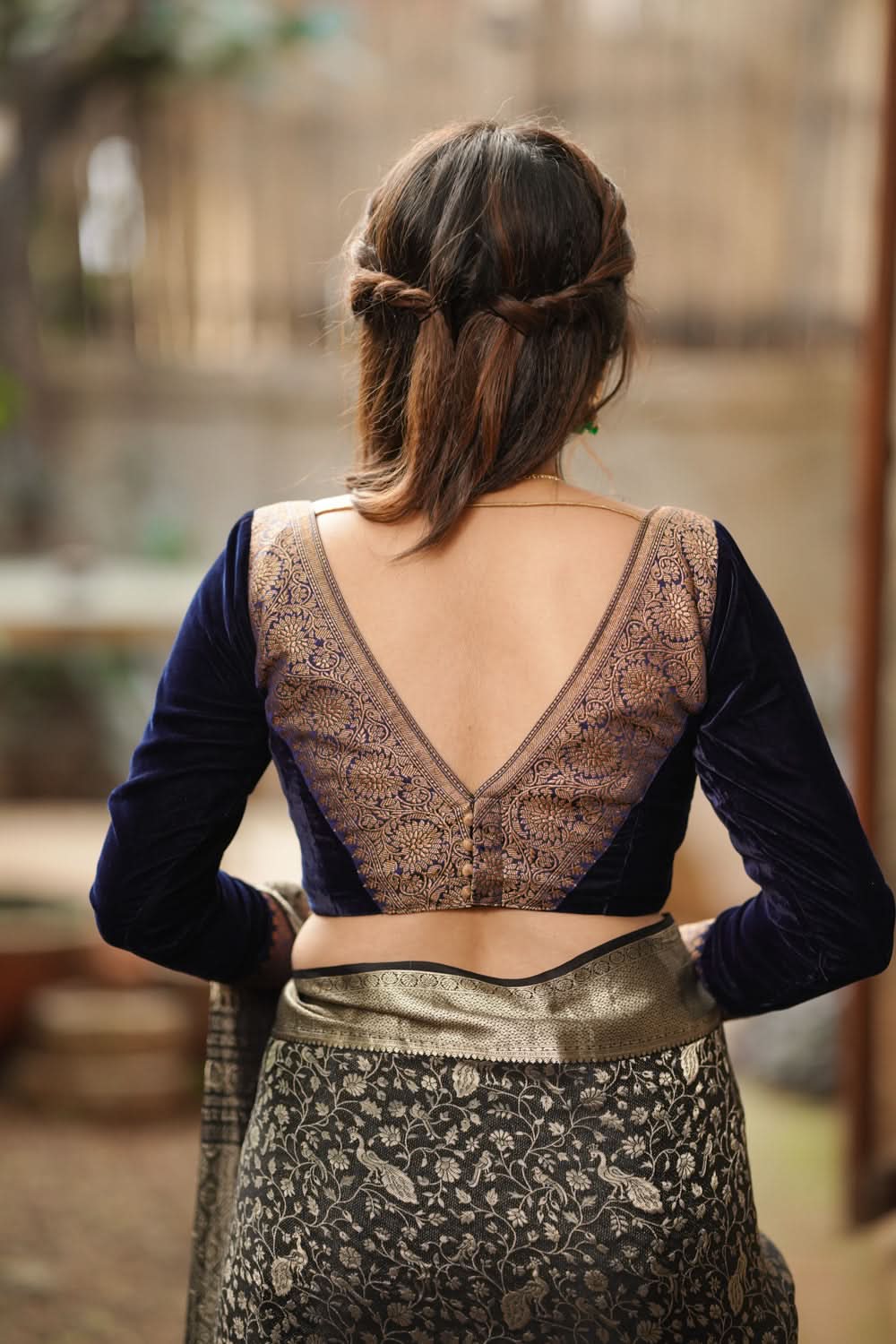Midnight Blue Velvet Blouse with Antique Zari Plunge Neck Detailing, Made to Order | Shobitam