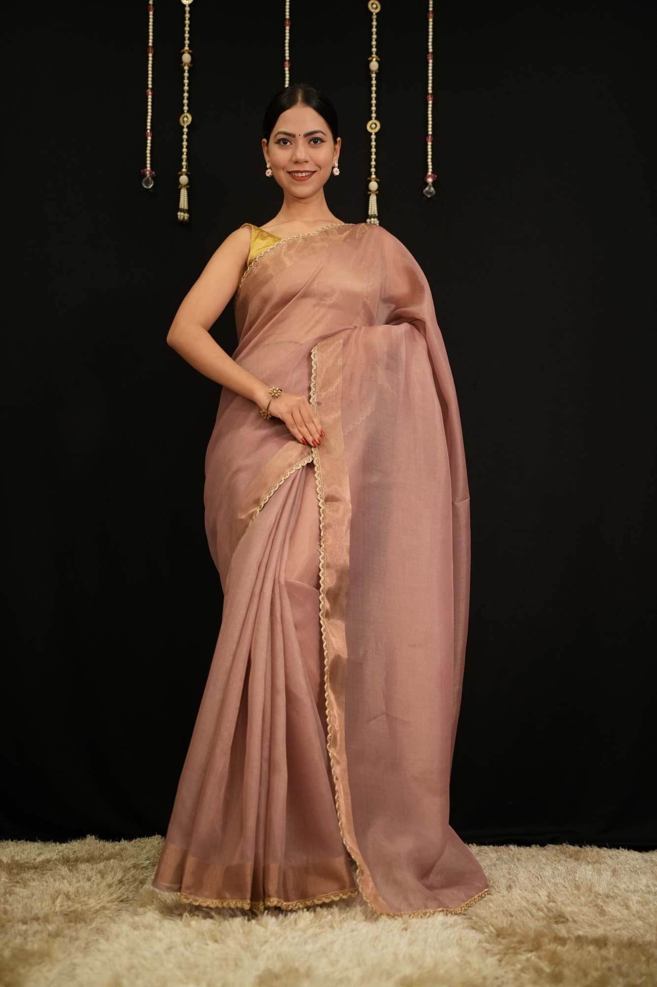 Onion Pink  Soft Jimmy choo Fabric With Zari Weave Border And Golden Zari Piping Lace Pre Drape Saree