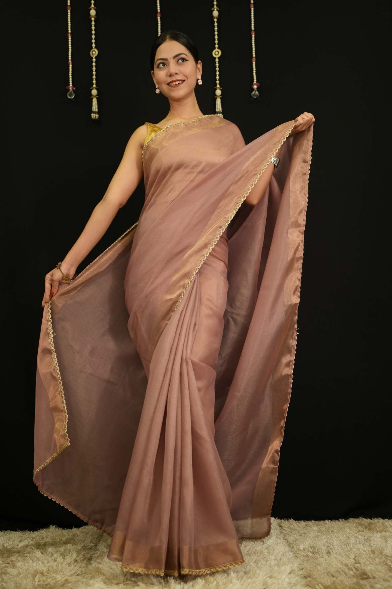 Onion Pink  Soft Jimmy choo Fabric With Zari Weave Border And Golden Zari Piping Lace Pre Drape Saree