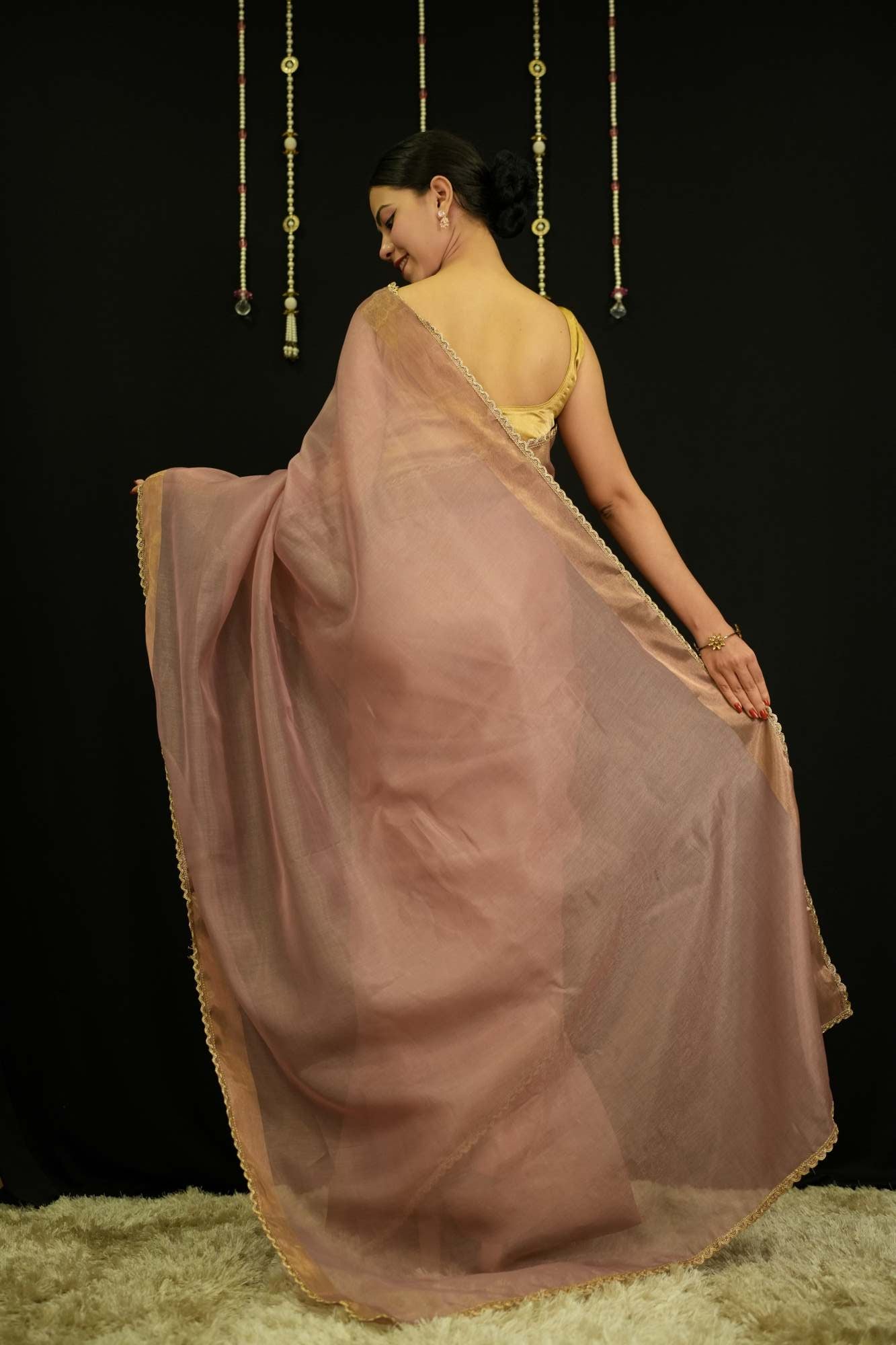 Onion Pink  Soft Jimmy choo Fabric With Zari Weave Border And Golden Zari Piping Lace Pre Drape Saree