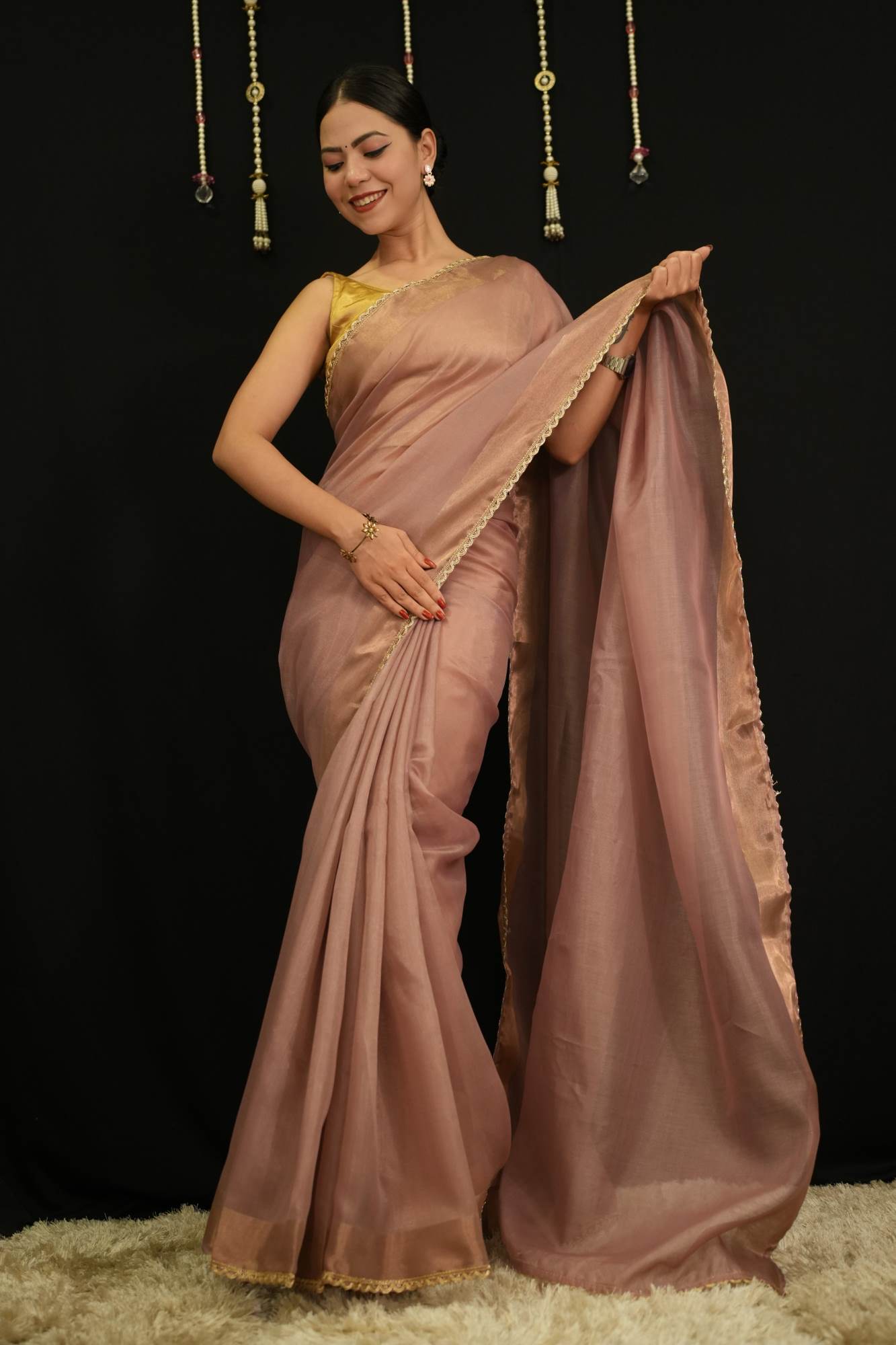 Onion Pink  Soft Jimmy choo Fabric With Zari Weave Border And Golden Zari Piping Lace Pre Drape Saree