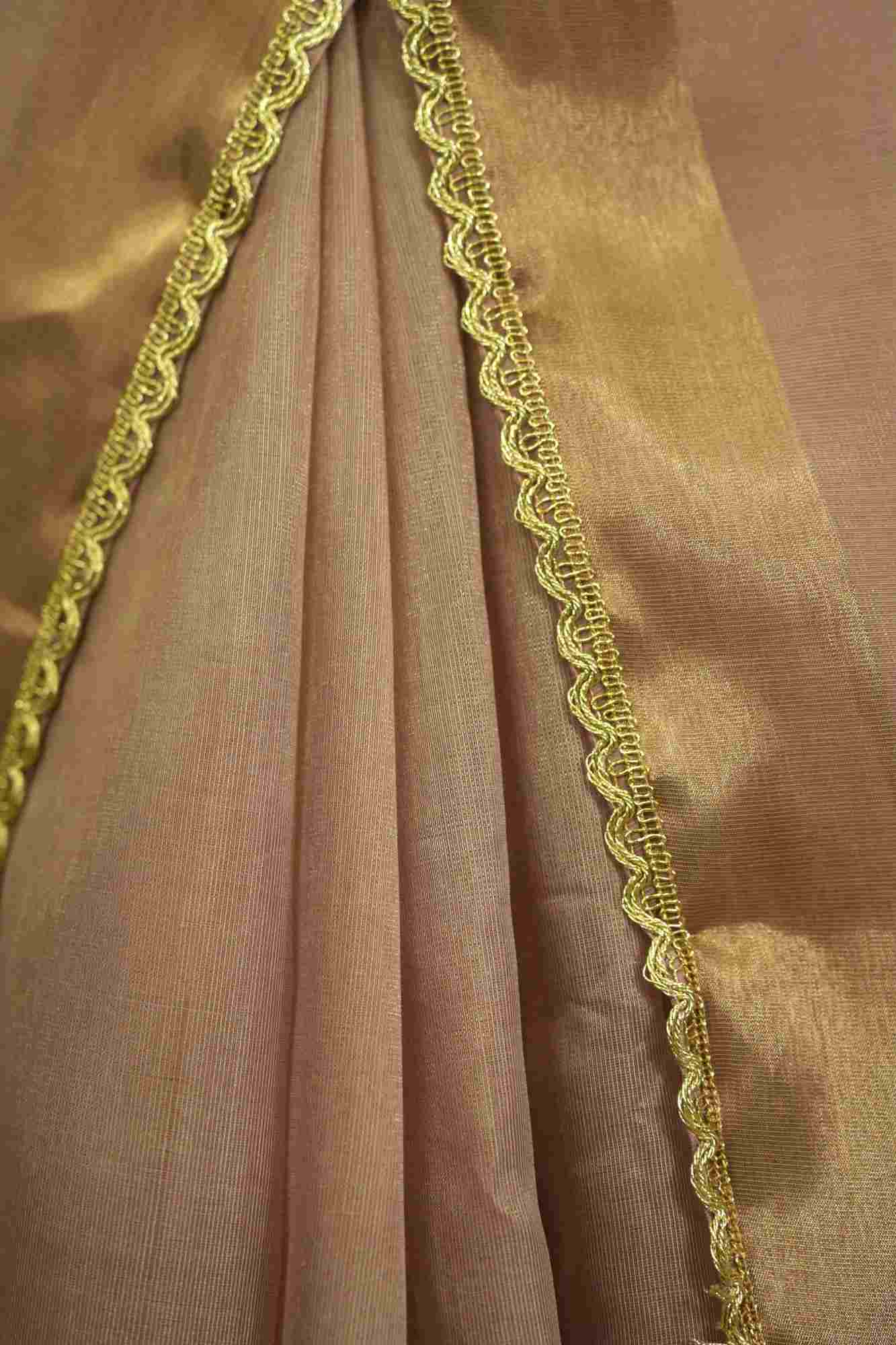 Onion Pink  Soft Jimmy choo Fabric With Zari Weave Border And Golden Zari Piping Lace Pre Drape Saree