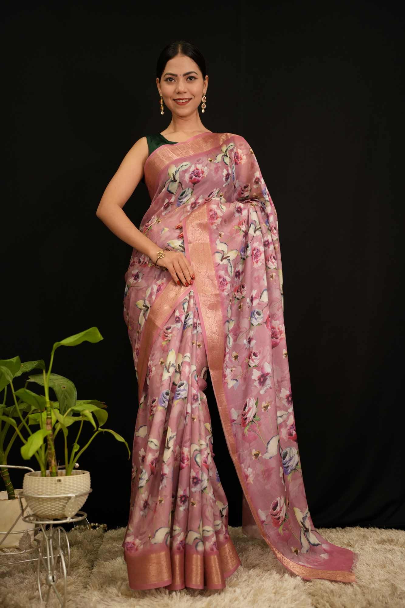 Stylish Rose Pink Floral Digital Printed With Zari Bordar Ready To Wear saree