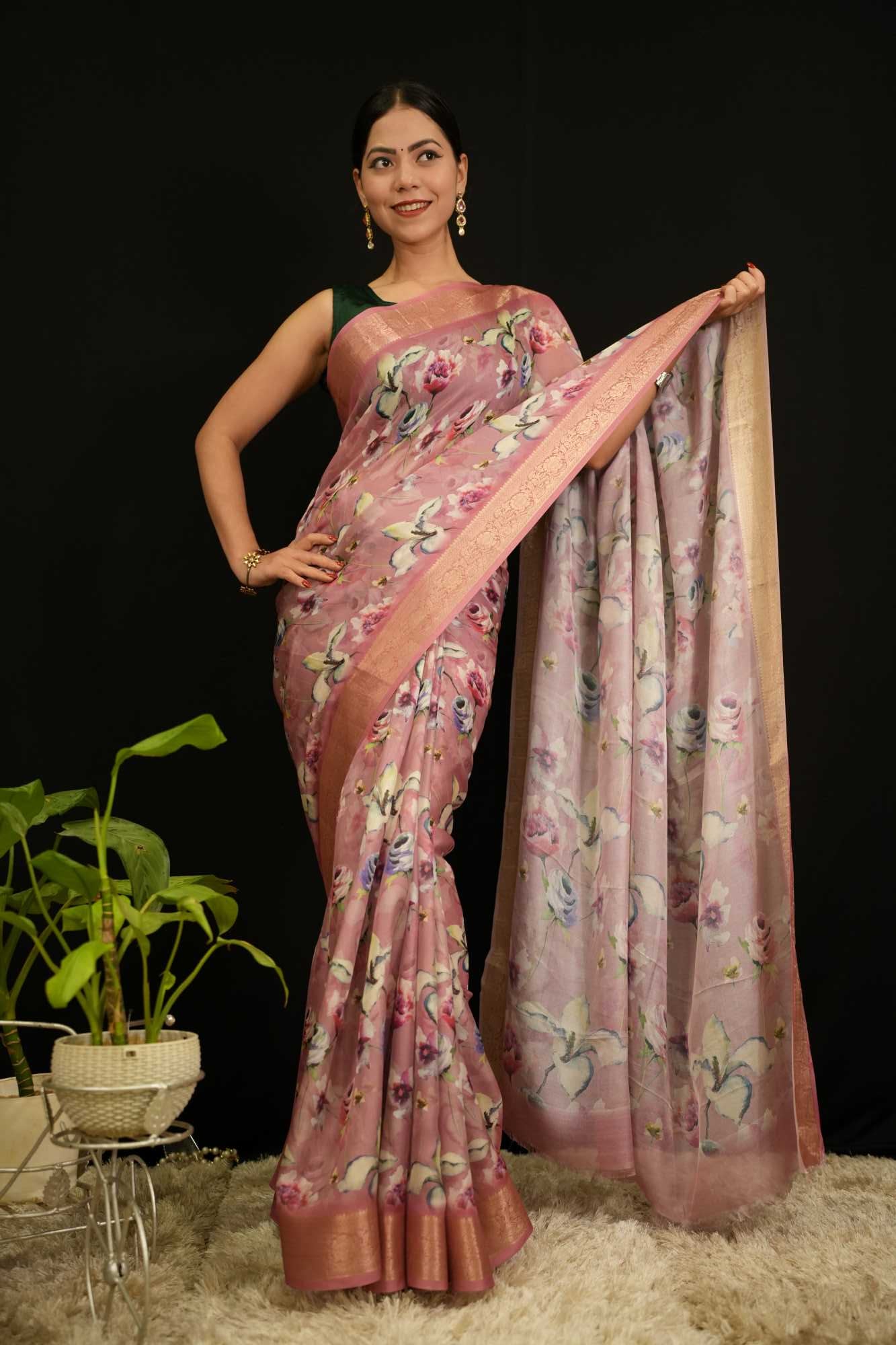 Stylish Rose Pink Floral Digital Printed With Zari Bordar Ready To Wear saree