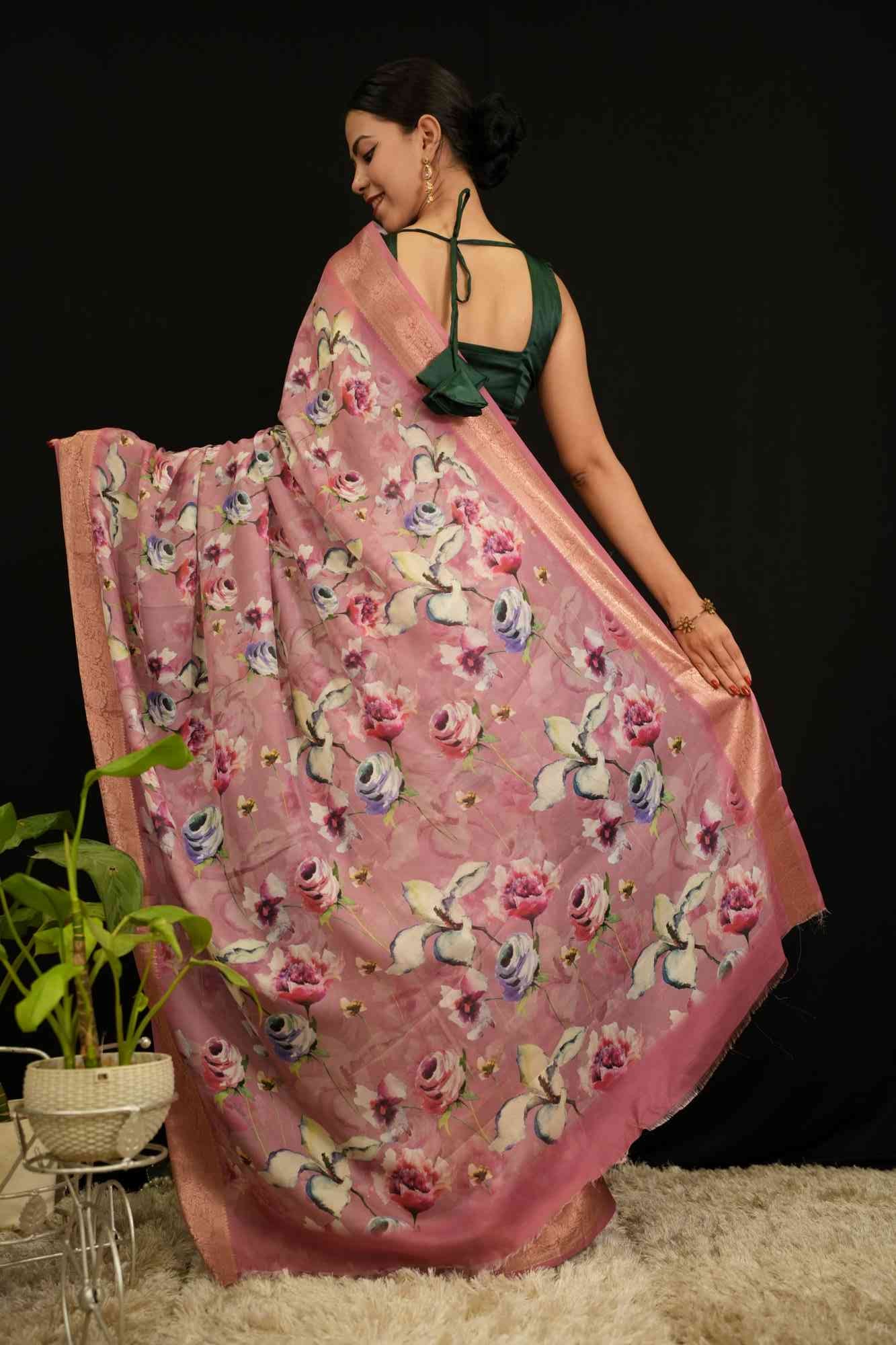 Stylish Rose Pink Floral Digital Printed With Zari Bordar Ready To Wear saree